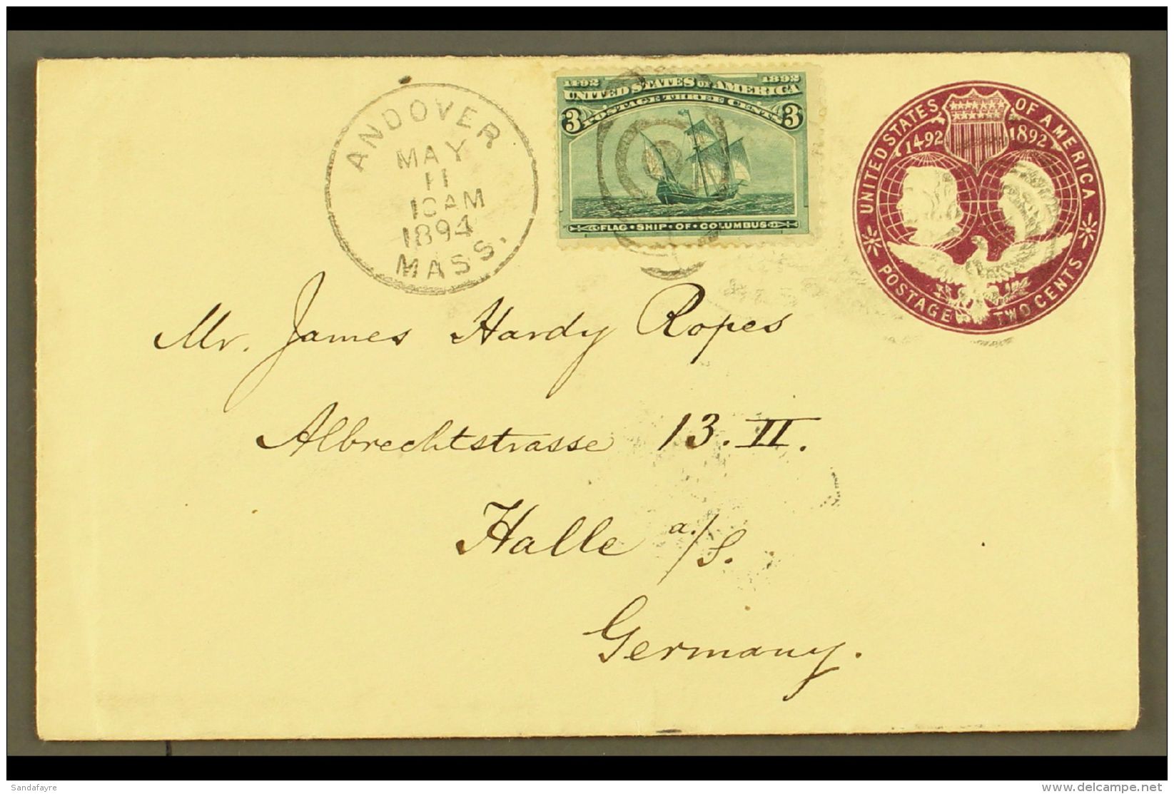 1894  2c Violet Columbus &amp; Liberty Postal Stationery Env., Scott U349, Uprated With 3c Columbus Issue,... - Sonstige & Ohne Zuordnung