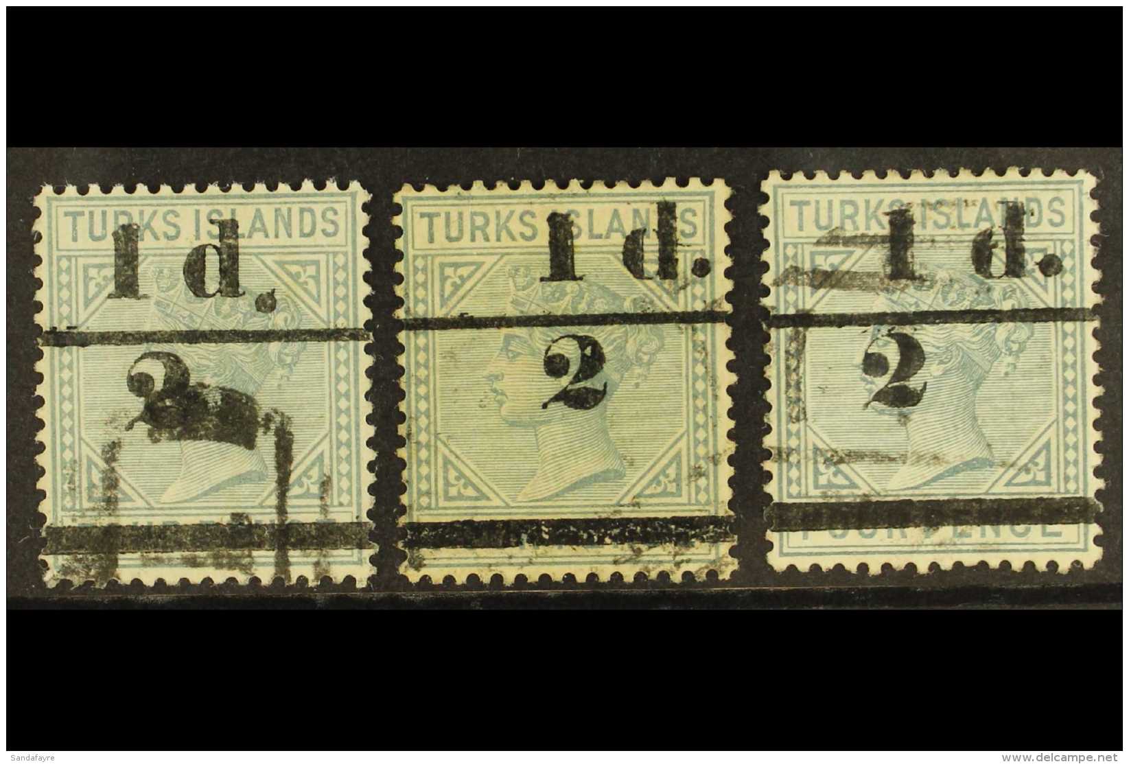 1893  "&frac12;" And Bars Surcharge On 4d Grey, All 3 Continuos Surch Types, SG 67/69, Fine To Very Fine Used. (3... - Turks And Caicos