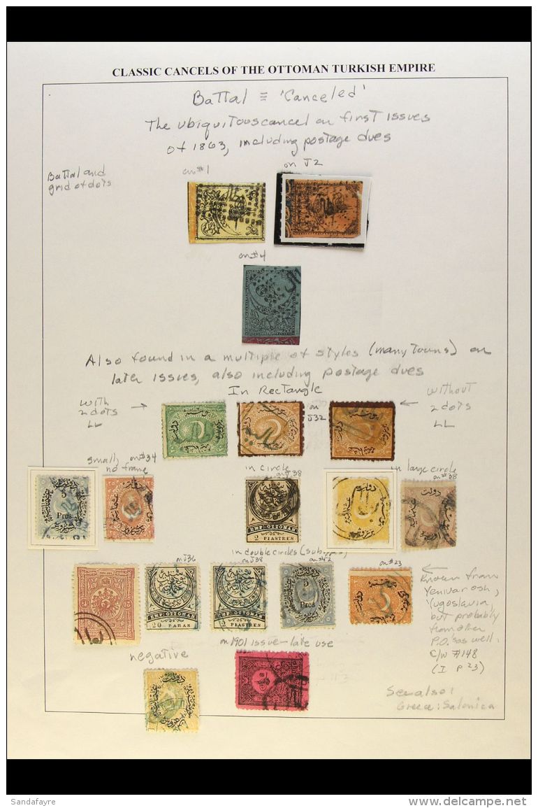 POSTAL CANCELS OF TURKEY  Collection Of Cancellation Types On 19th Century Stamps, Displayed On Album Pages.... - Other & Unclassified