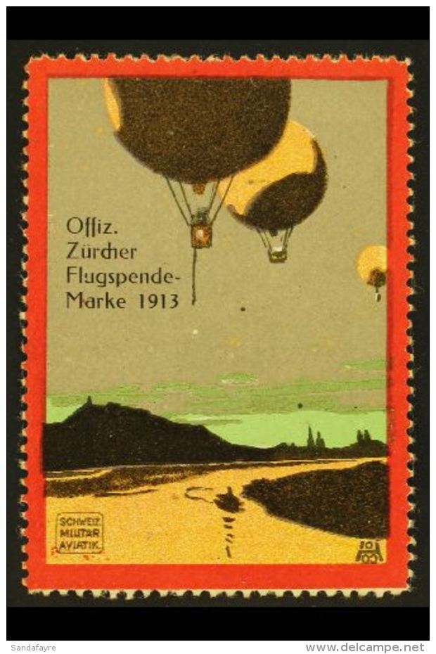 BALLOON LABEL.  1913 Offiz. Zurcher Flugspende Marke Schweiz Militar Aviatik Colourful Poster Stamp, Fine Mint,... - Sonstige & Ohne Zuordnung