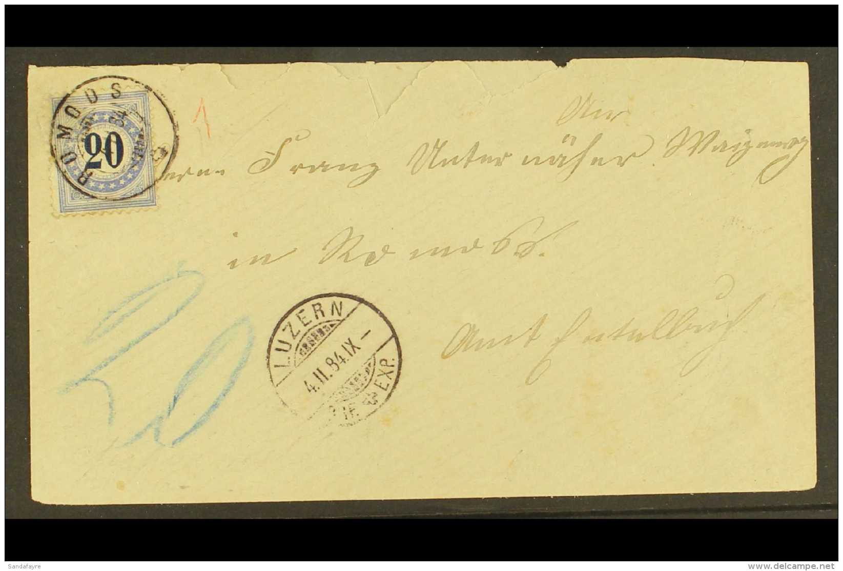 1884  (4 Nov) Cover (roughly Opened) Bearing 20c Blue On Granite Paper With Type II Frame Inverted (Zumstein And... - Sonstige & Ohne Zuordnung