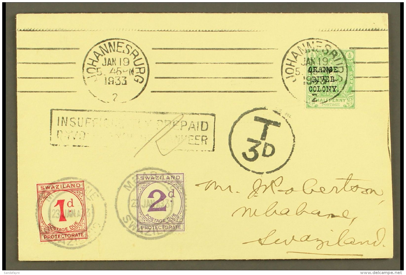 1933 POSTAGE DUE FIRST DAY COVER.  1933 (19 January) A Delightful And Highly Attractive Envelope Bearing Orange... - Swaziland (...-1967)