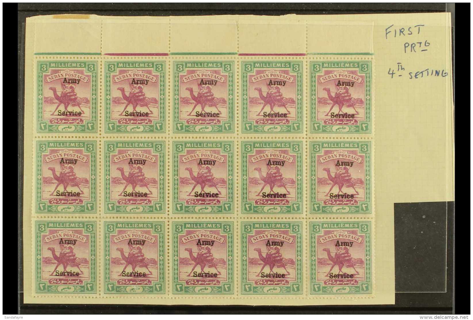 ARMY SERVICE  1906-11 3m Mauve And Green, SG A8, A Fine Mint Upper Marginal BLOCK OF FIFTEEN (5 X 3) From The... - Sudan (...-1951)