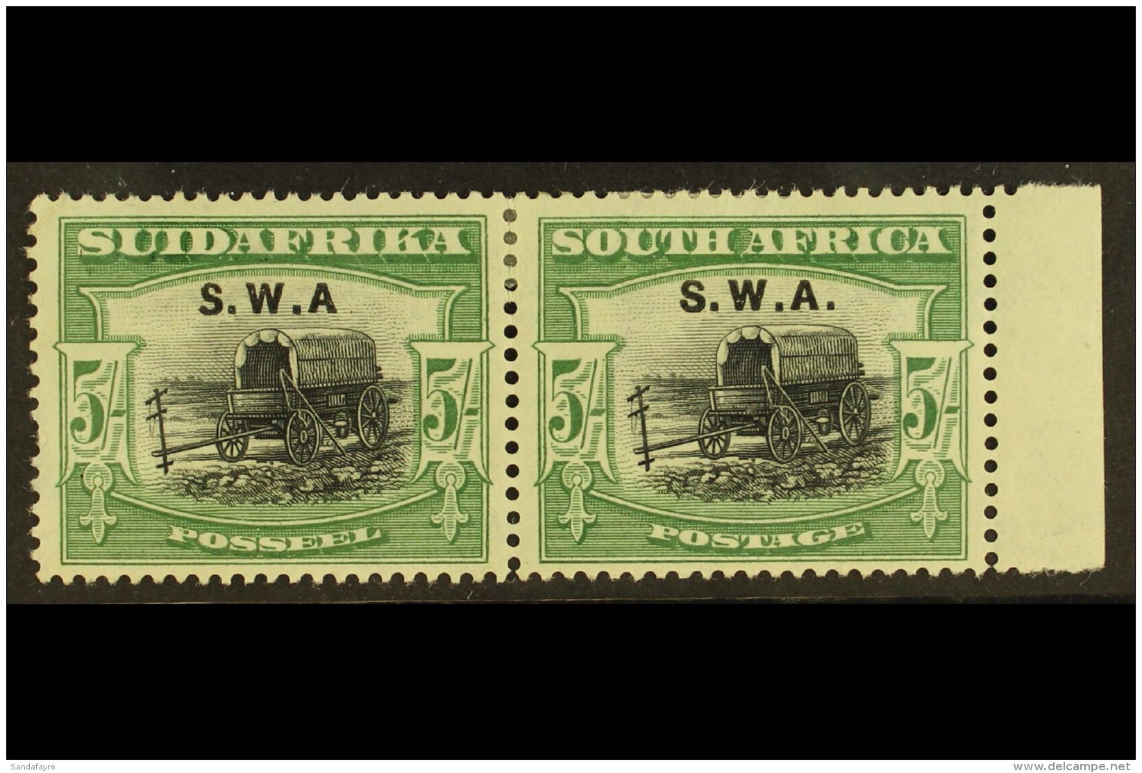 1927  5s Black And Green, Bi-lingual Pair, Ovptd S.W.A., Variety Left Stamp "without Stop After A", SG 66a, Fresh... - Südwestafrika (1923-1990)