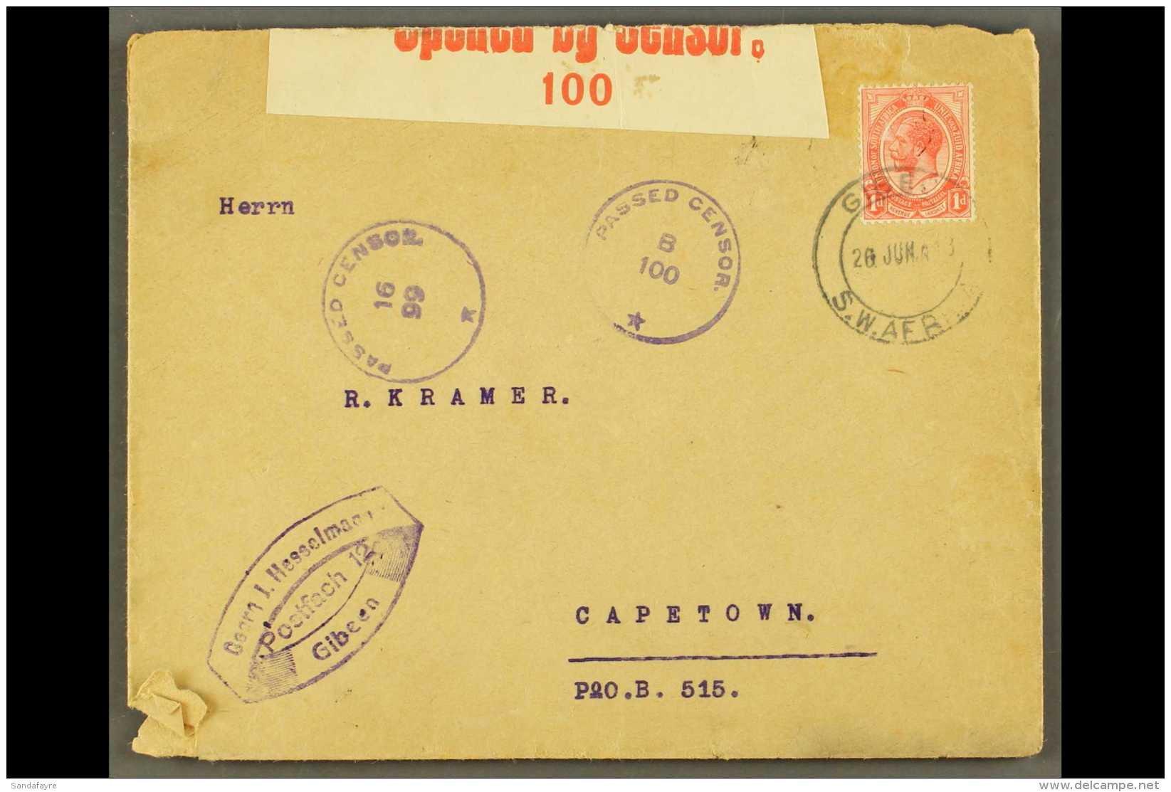 1918  (26 Jun) Env To Cape Town Bearing 1d Union Stamp Tied By "GIBEON" Cds Postmark, Putzel B3 Oc, Two Different... - South West Africa (1923-1990)