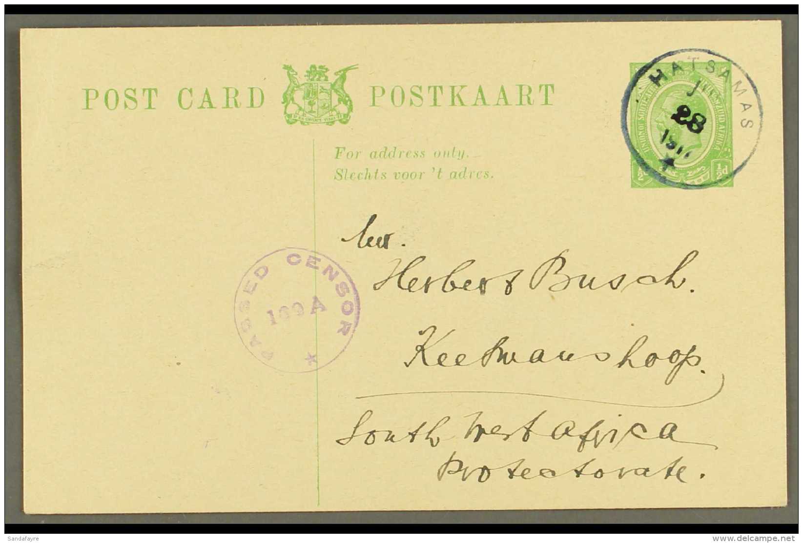 1917  (28 Jul) &frac12;d Union Postal Card To Keetmanshoop Cancelled By A Very Fine "HATSAMAS" Blue- Grey Rubber... - Südwestafrika (1923-1990)