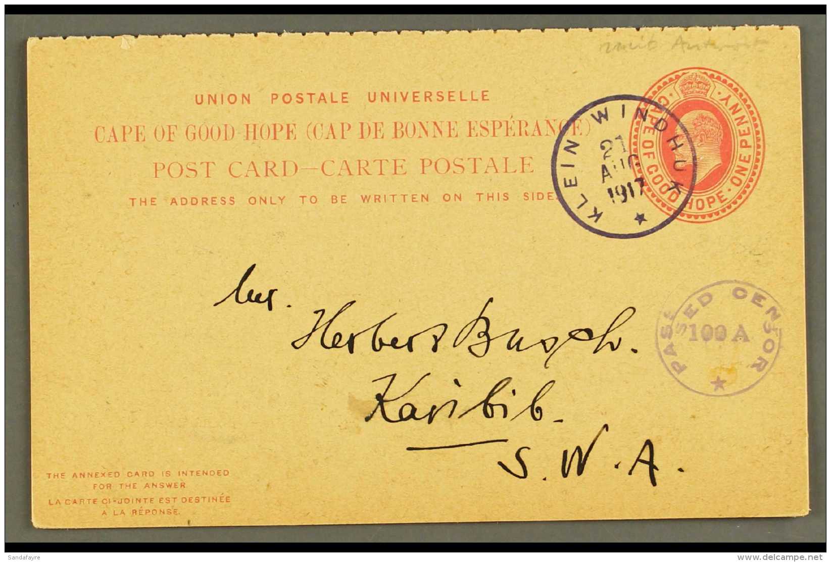 1917  (21 Aug) 1d + 1d KEVII Cape Complete Reply Card To Karibib Cancelled By Superb "KLEIN WINDHUK" Rubber Cds... - South West Africa (1923-1990)