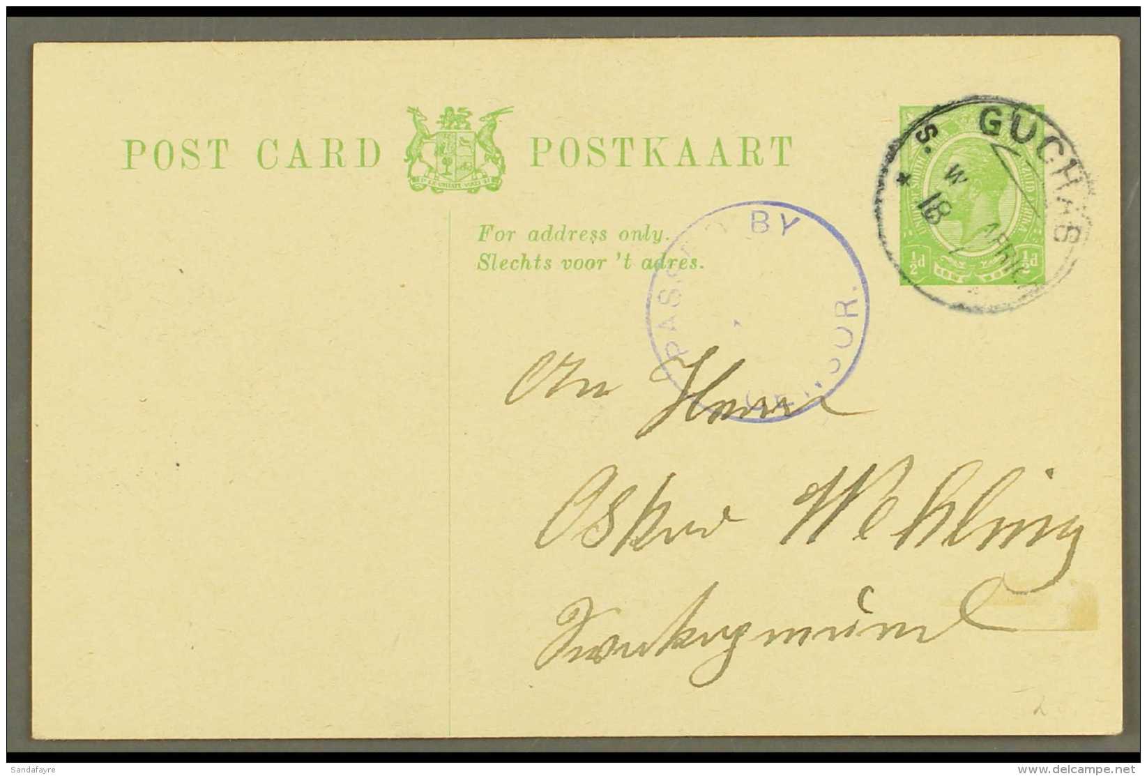 1917  (18 Jul) &frac12;d Union Postal Card To Swakopmund Postmarked By Fine "GUCHAB" Converted German  Cds... - Südwestafrika (1923-1990)
