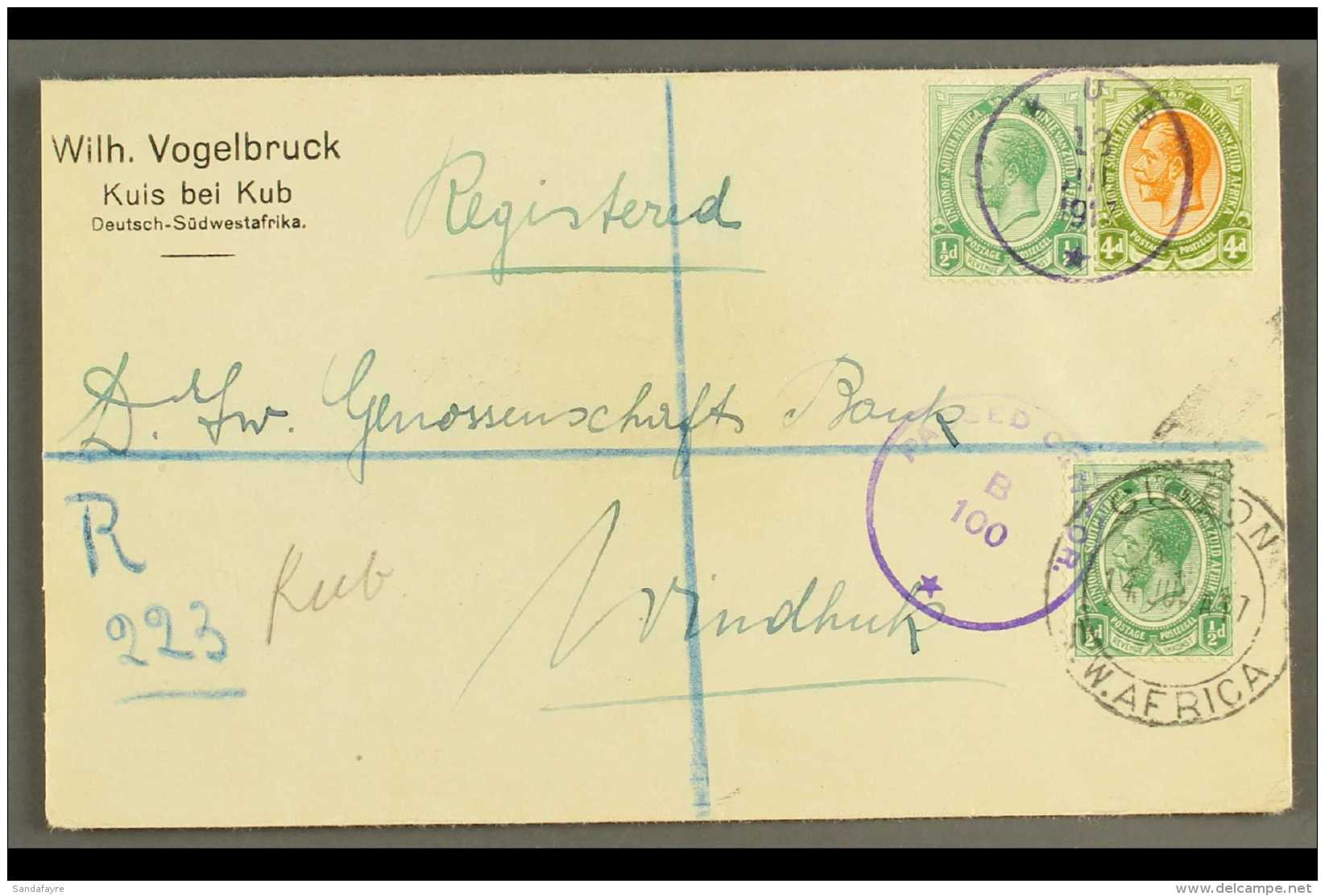 1917  (13 Jul) Printed Registered Cover To Windhuk Bearing &frac12;d And 4d Union Stamps Tied By Very Fine "KUB"... - Africa Del Sud-Ovest (1923-1990)