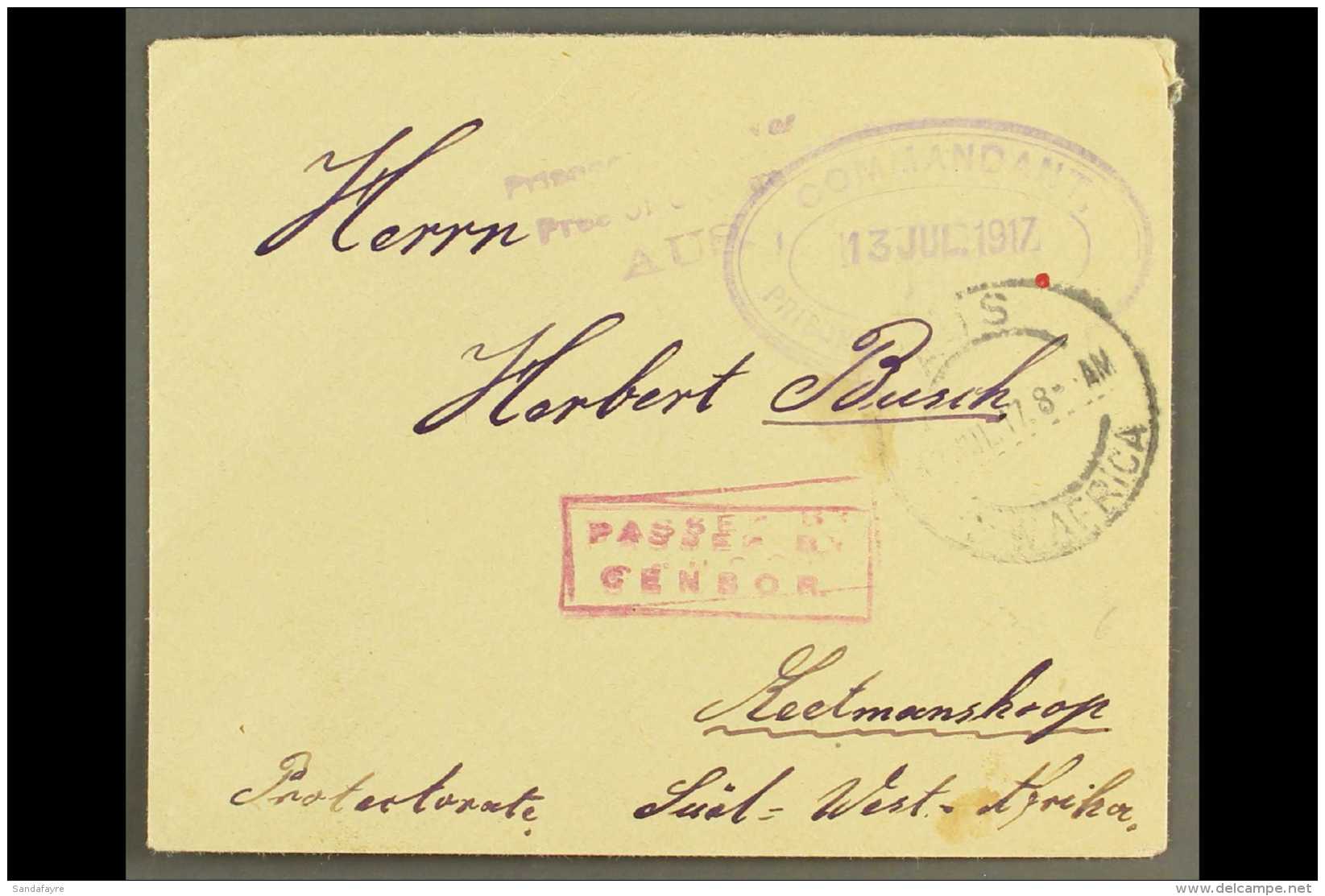 1917  (13 Jul) Stampless POW Cover To Keetmanshoop With "AUS / S.W. AFRICA" Cds Postmark, Putzel Type 3, Plus... - South West Africa (1923-1990)