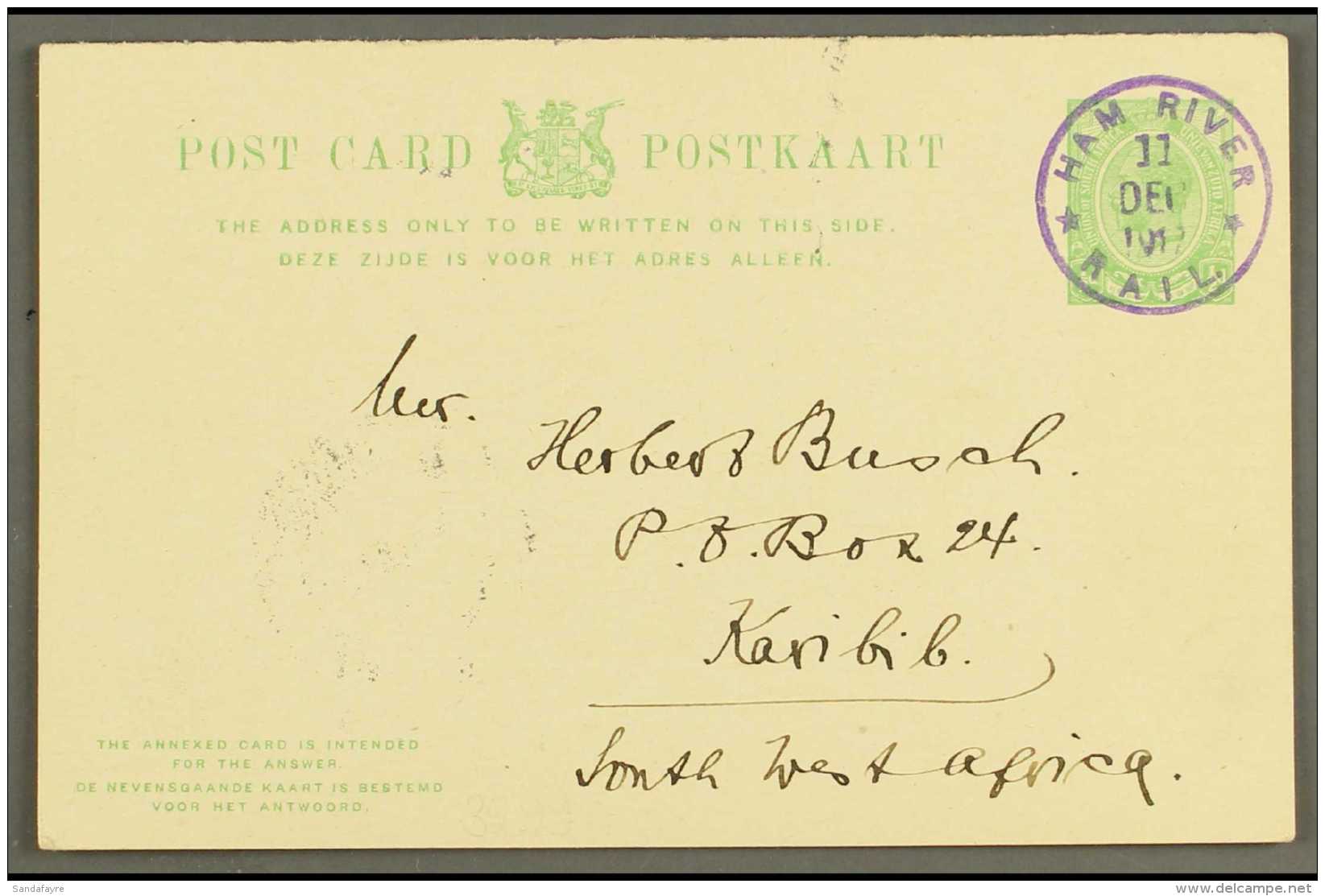 1917  (11 Dec) &frac12;d Union Postal Card Addressed To Karibib With Superb Upright Violet "HAM RIVER / RAIL" Cds... - South West Africa (1923-1990)