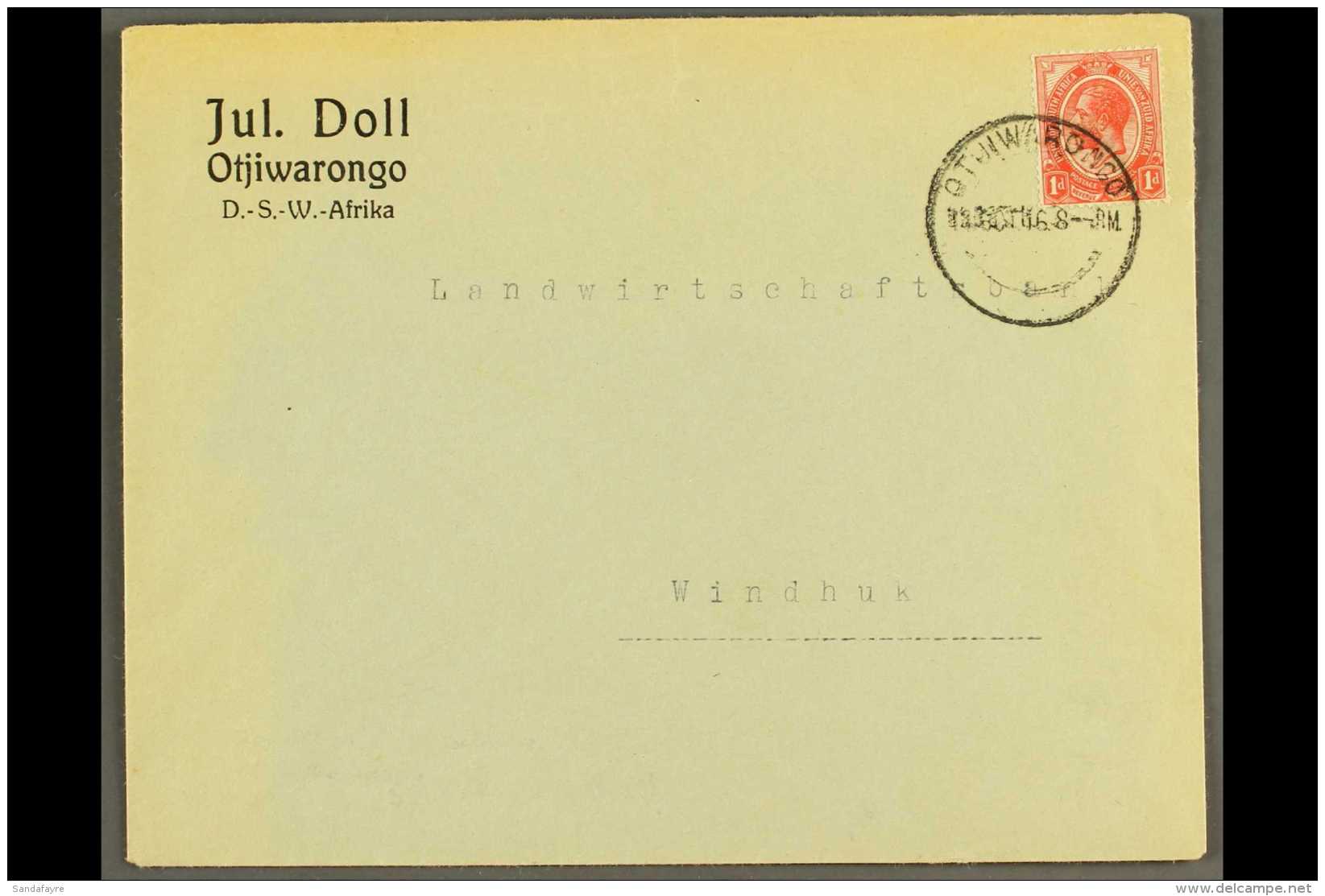 1916  (14 Oct) Printed Cover To Windhuk Bearing 1d Union Stamp Tied By Fine "OTJIWARONGO" Cds Postmark, Putzel... - Südwestafrika (1923-1990)