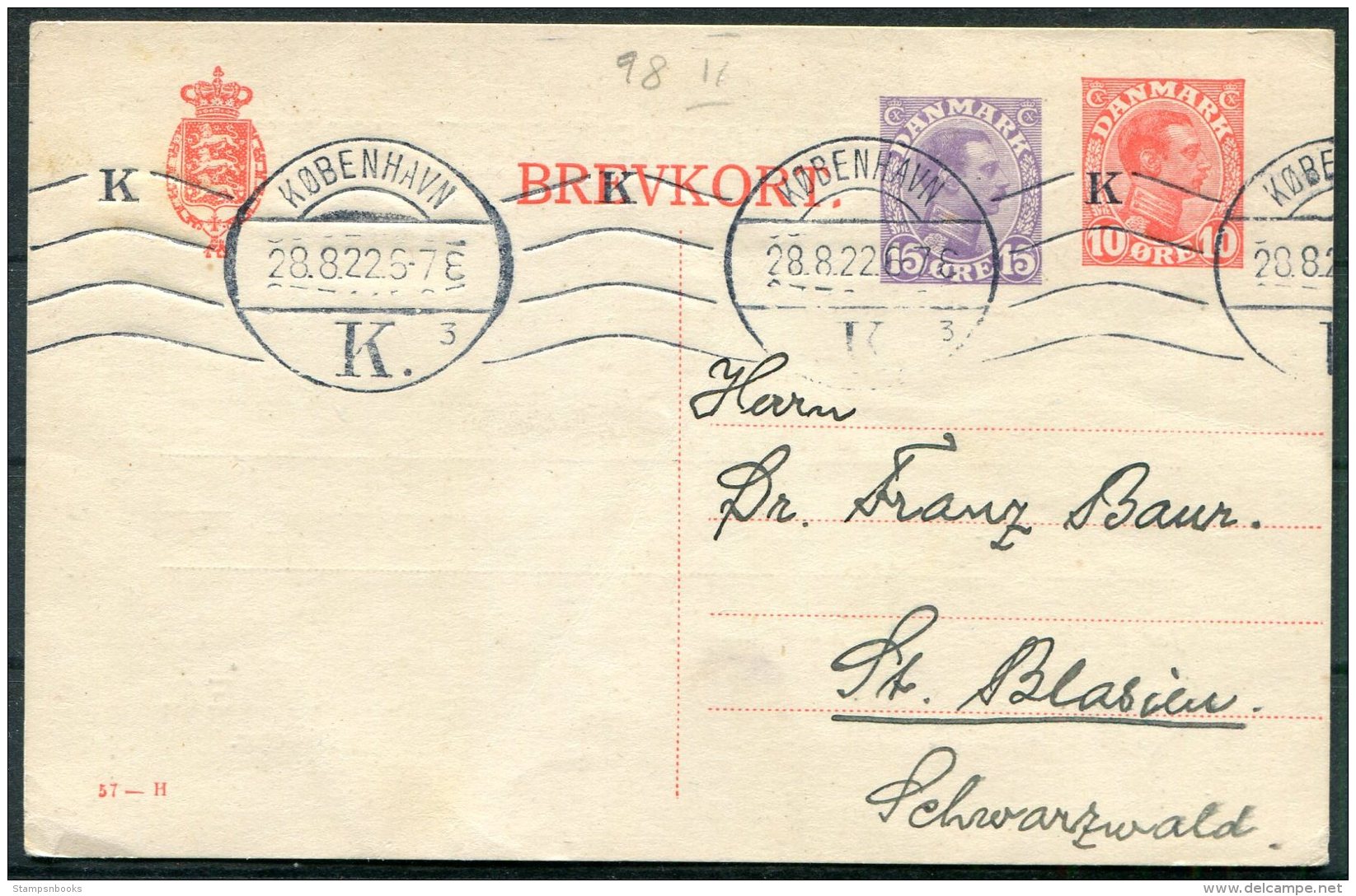 1922 Denmark 10+15 Ore Stationery Postcard, Danske Meteorologiske Institut, Copenhagen. Brevkort 57 - H - Covers & Documents