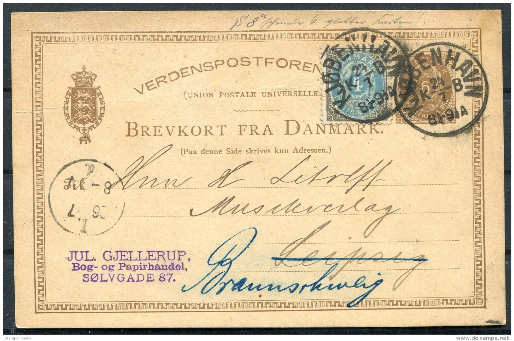 1884 Denmark Uprated 6 Ore Stationery Postcard Jul. Gjellerup, Copenhagen - Leipzig / Braunschweig - Gebraucht