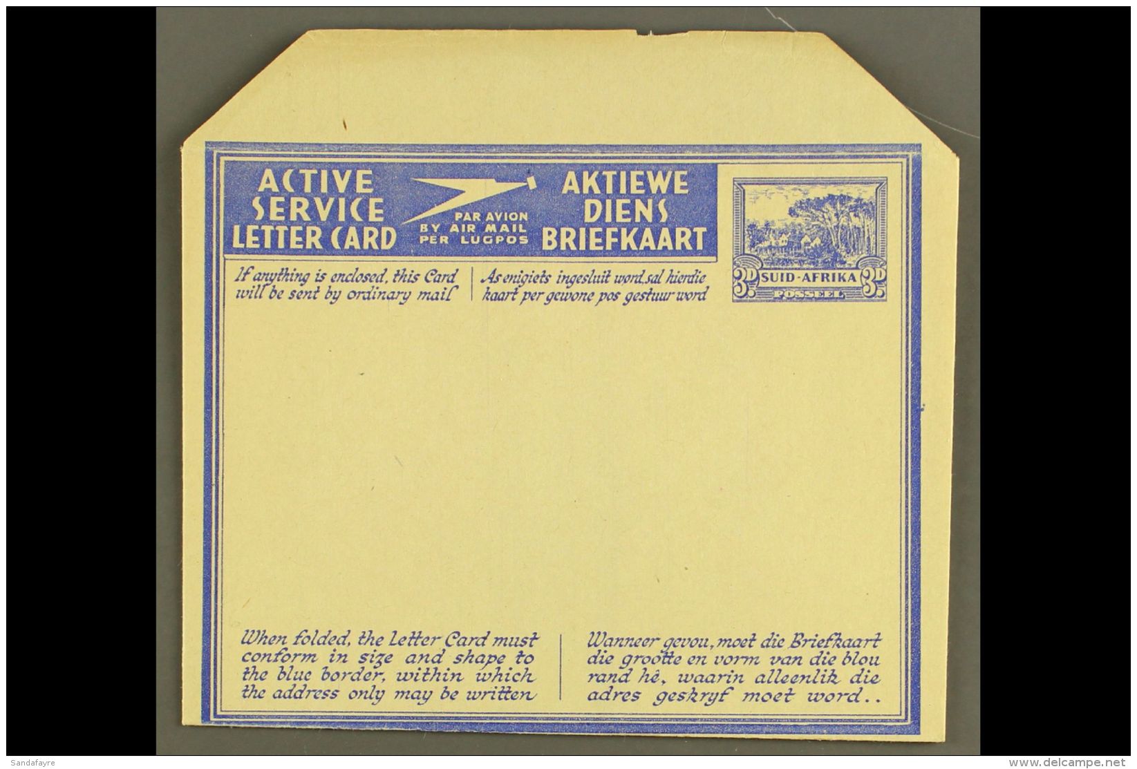 AEROGRAMME  1944 3d Ultramarine On Buff, Larger Format (128x105mm), Afrikaans Stamp Impressions, Inscribed... - Unclassified