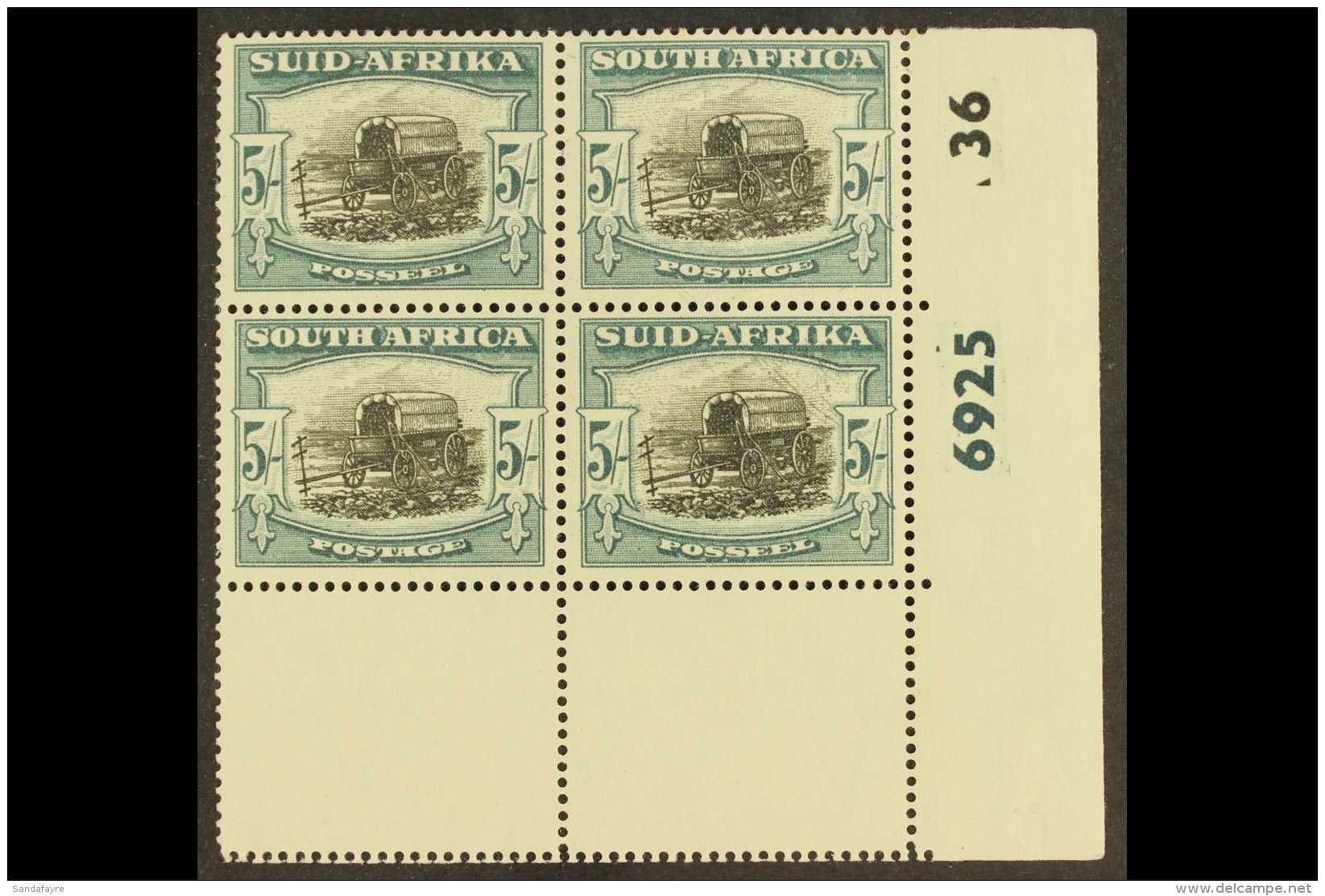 1947-54  5s Black &amp; Pale Blue-green, Cylinder 6925 36 Block Of 4 With "Rain" Variety, SG 122, Hinged On Top... - Unclassified