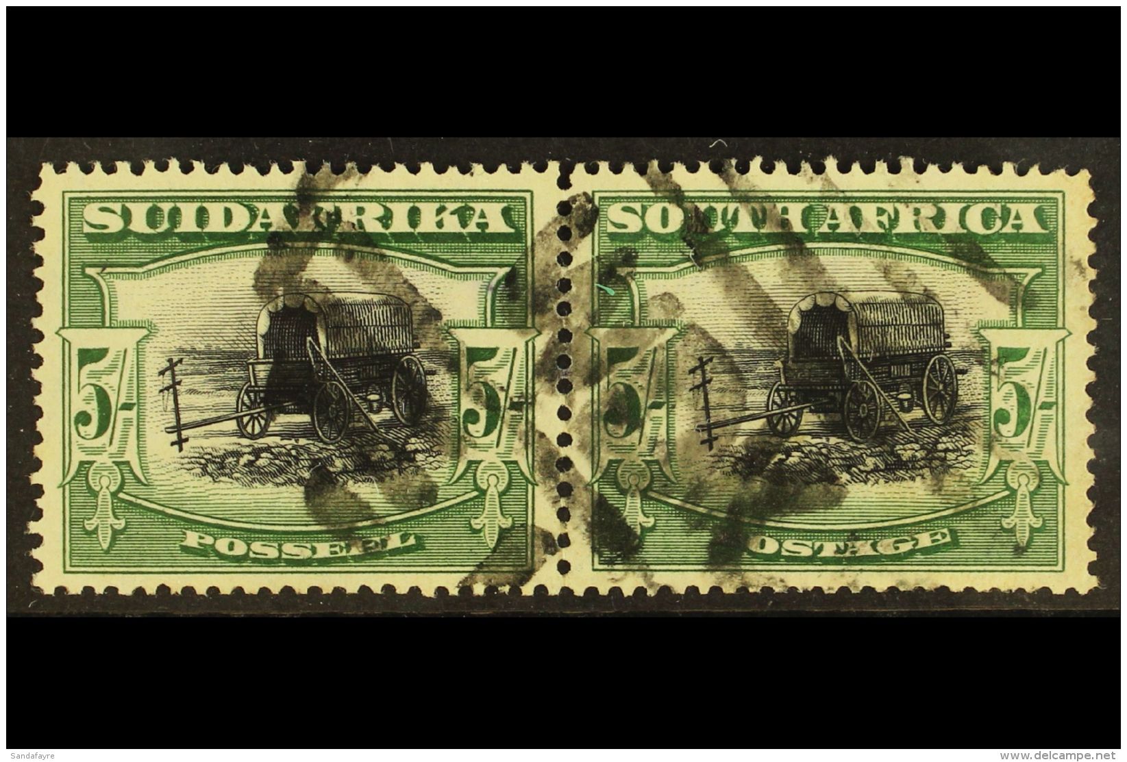 1927-30  5s Black &amp; Green, Group III Perf.14x13&frac12; Up, SG 38a, Used Horizontal Pair Wit "WDK" Parcel... - Unclassified
