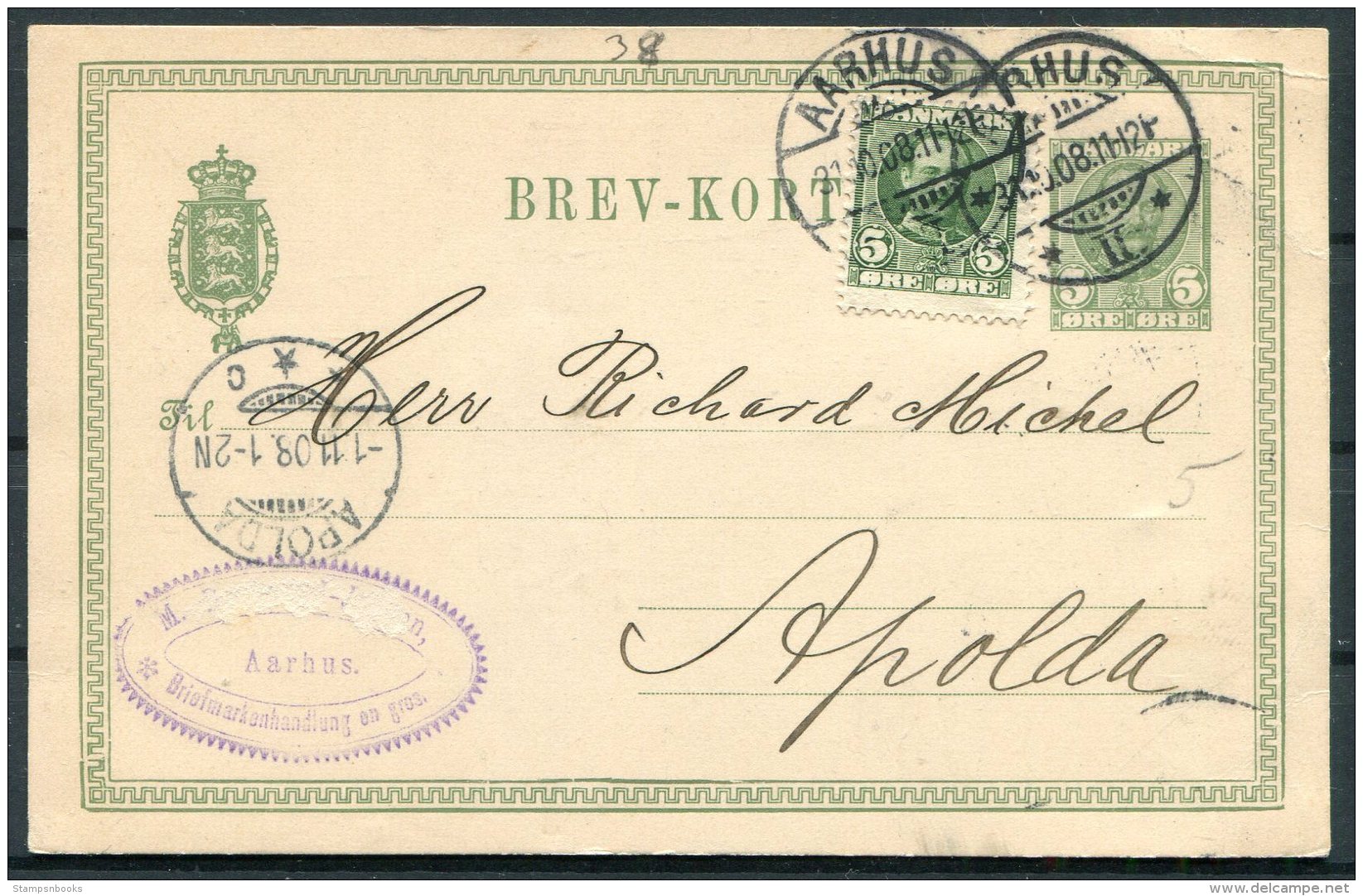 1908 Denmark Uprated 5 Ore Stationery Postcard. Brev-kort Stamp Dealer AARHUS - Apolda - Covers & Documents