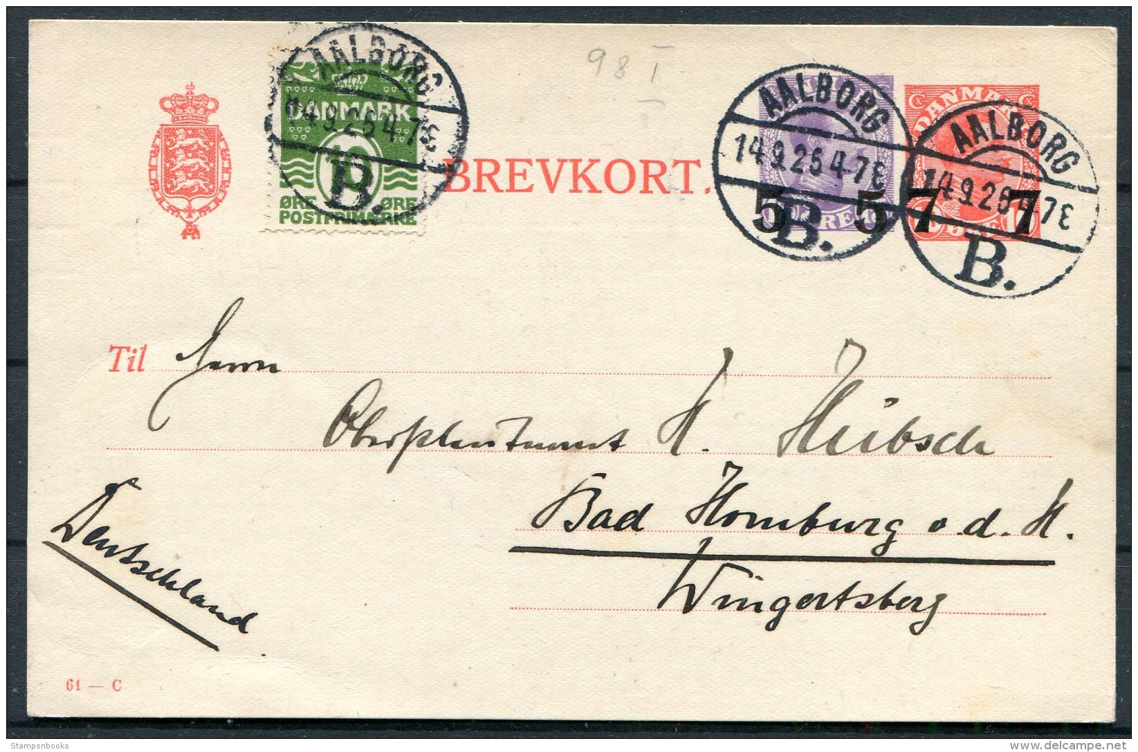 1926 Denmark Uprated 5/15 Ore + 7/10 Ore Stationery Postcard 61 - C Brevkort Aalborg - Bad Homburg, Germany - Covers & Documents