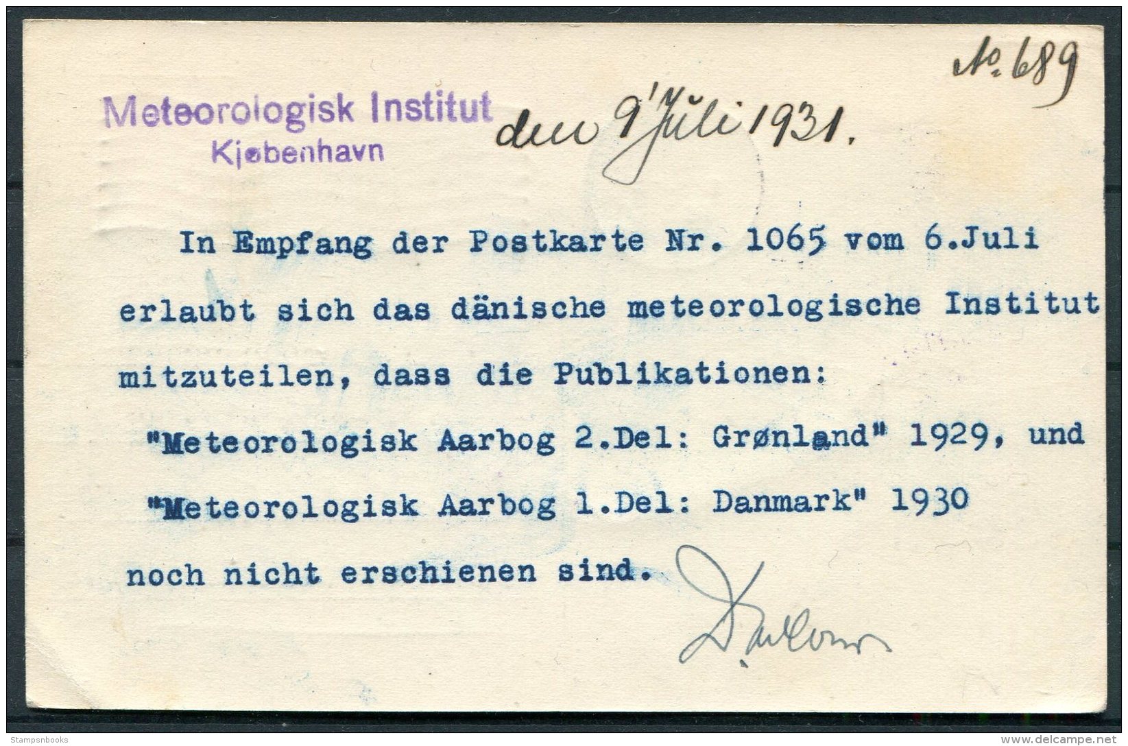 1931 Denmark 15 Ore Stationery Postcard Staatl. Forschungsstelle, Meteorologisk Institut Copenhagen - FrankfurtGermany - Covers & Documents