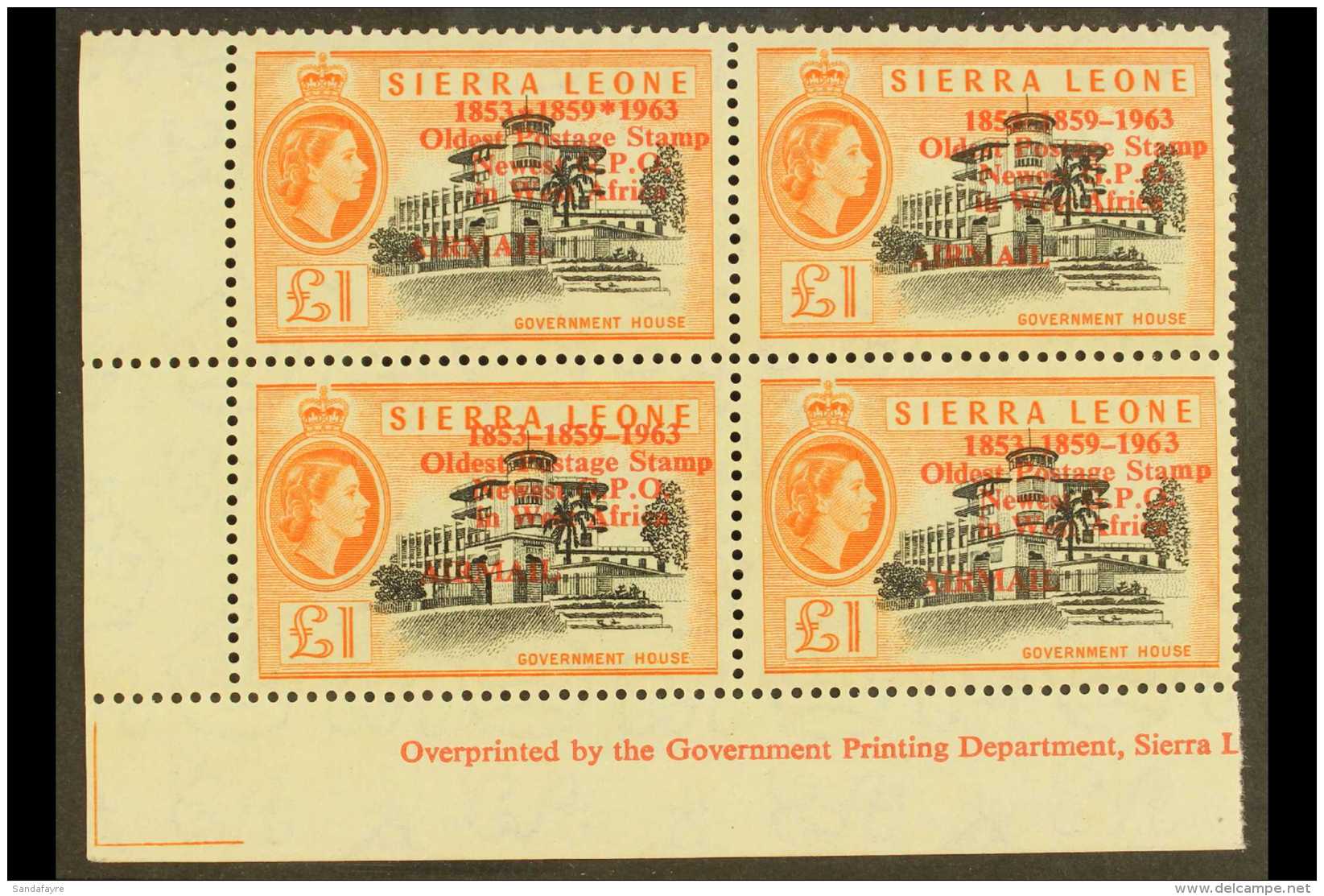 1963  &pound;1 Black And Orange Postal Commemorations, Lower Left Corner Imprint Block Of Four, The First Stamp... - Sierra Leone (...-1960)