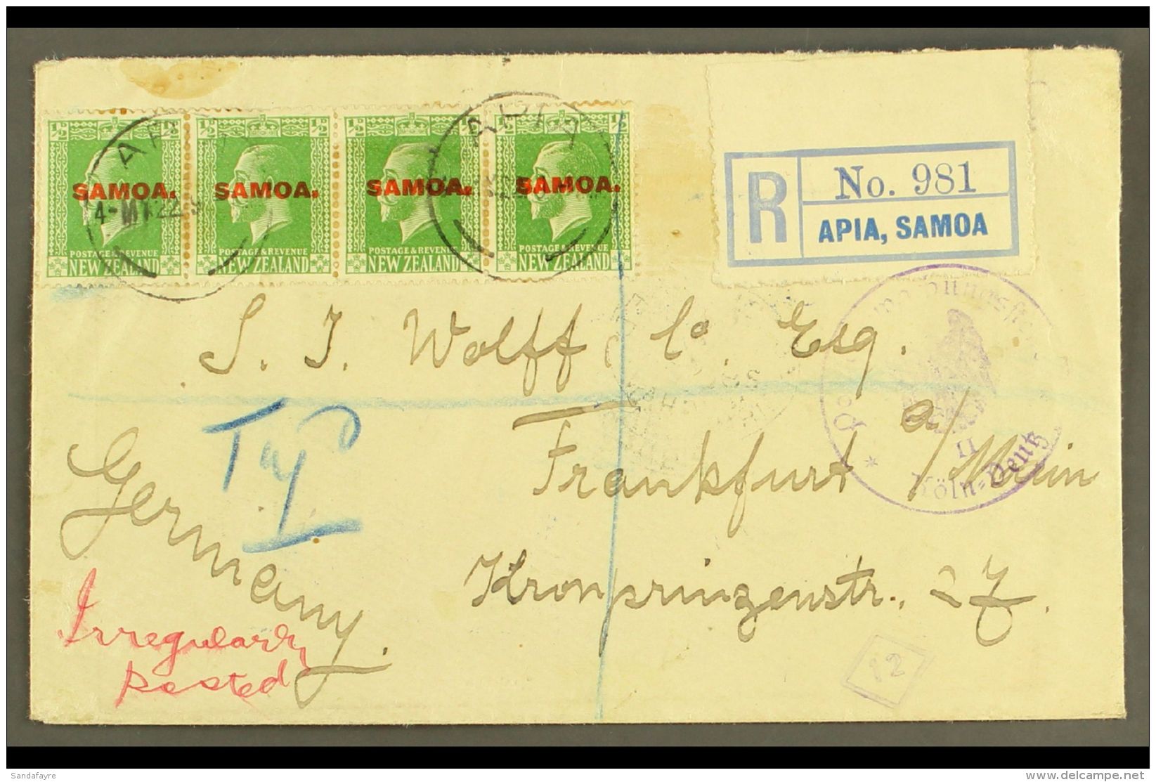 1922  (4 May) Registered Cover To Germany Bearing KGV &frac12;d Strip Of Four, Tied By Apia Cds's; Endorsed... - Samoa (Staat)