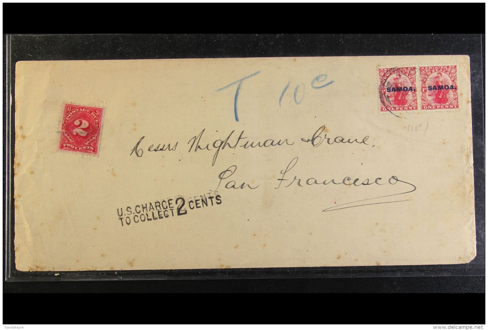 1920  Long Cover To San Francisco, Franked With 1d Pair, SG 116, Underpaid, "U.S. CHARGE TO COLLECT / 2 CENTS"... - Samoa (Staat)