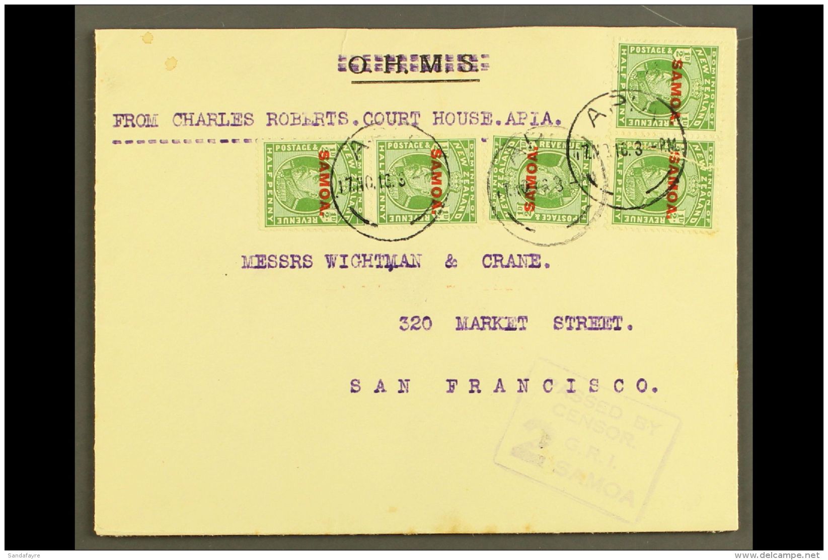 1916  Official Cover With "O.H.M.S." Obliterated To USA, Franked &frac12;d X5, SG 115, Apia 17.11.16 Postmarks,... - Samoa (Staat)