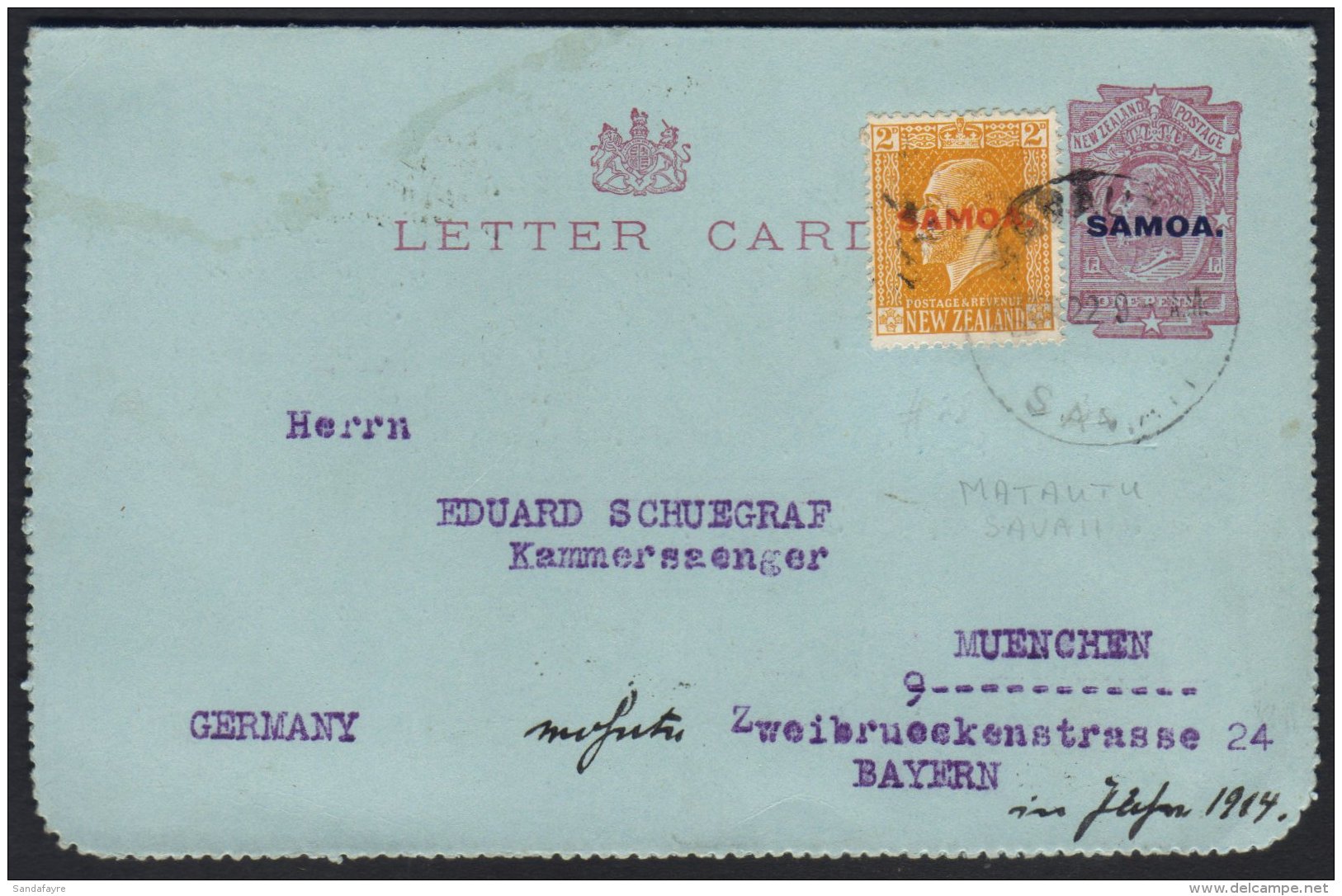 1916  1d Dull Claret  On Blue Letter Card, H&amp;G 1, Uprated With 1918 2d Yellow Sent 1922 (16 March) From... - Samoa