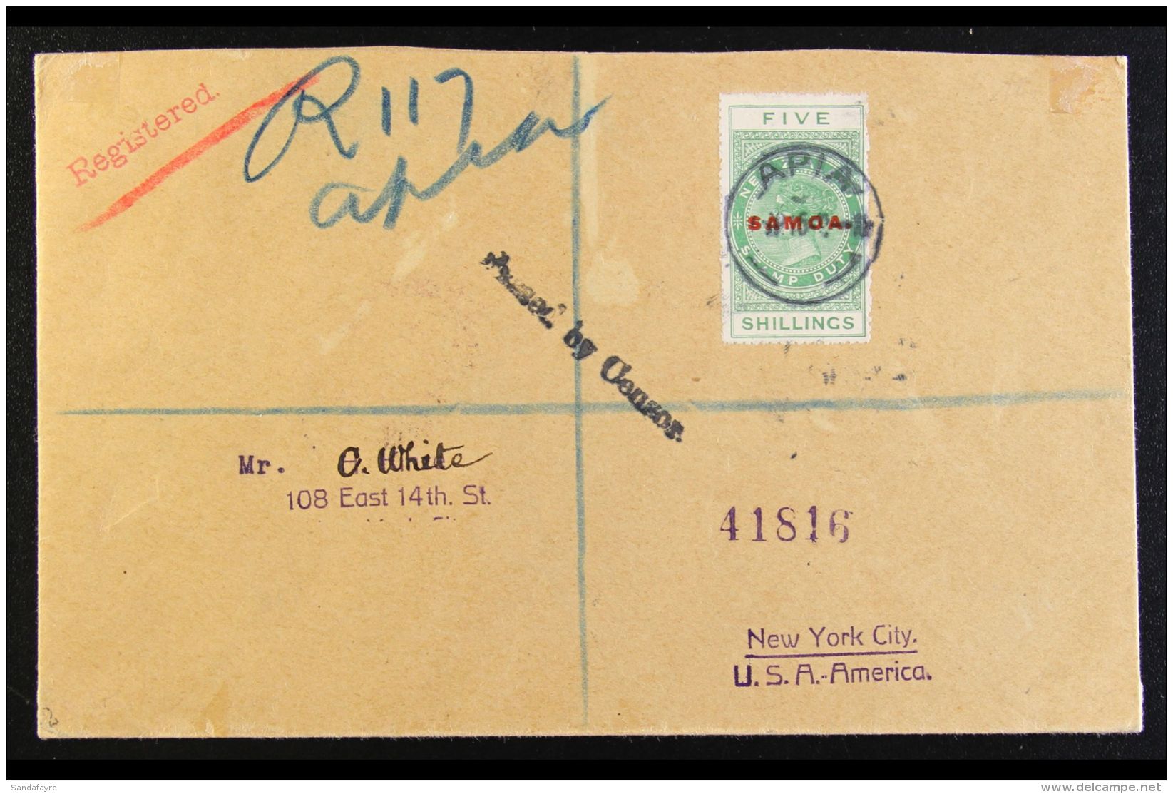 1915 (OCT)  Registered Censored Cover To New York Bearing 1914-24 5s Yellow-green Postal Fiscal, Perf 14, SG 124,... - Samoa