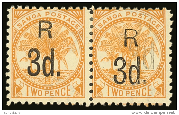 1895  3d On 2d Yellow, Perf 11 PAIR WITH DOUBLE SURCHARGE ERROR On One Stamp, SG 76a Variety / Odenweller... - Samoa