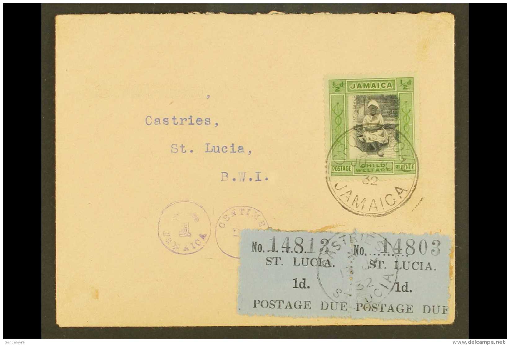 1932  (30 June) Cover From Jamaica To Castries Bearing &frac12;d+&frac12;d Child Welfare Tied By Cross Road Cds,... - St.Lucia (...-1978)