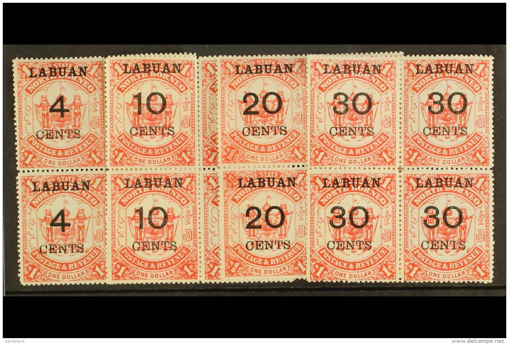 1895  4c, 10c, 20c And 30c On $1 Scarlet,  SG 75/78, Lovely Mint Blocks Of Four, Two In Each Nhm. (16 Stamps) For... - Borneo Del Nord (...-1963)