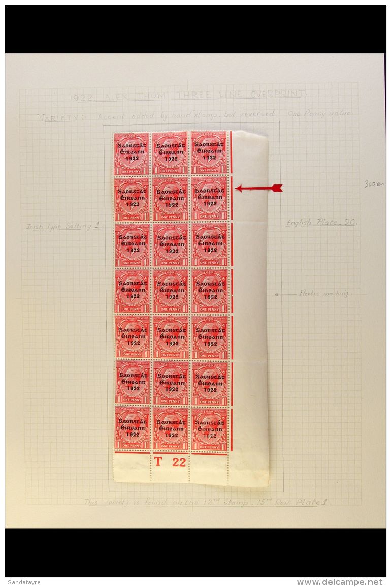 1922-23 SAORSTAT  1d Scarlet, Right Corner Control T22 (perf) Block Of 21, One Showing REVERSED ACCENT INSERTED... - Sonstige & Ohne Zuordnung