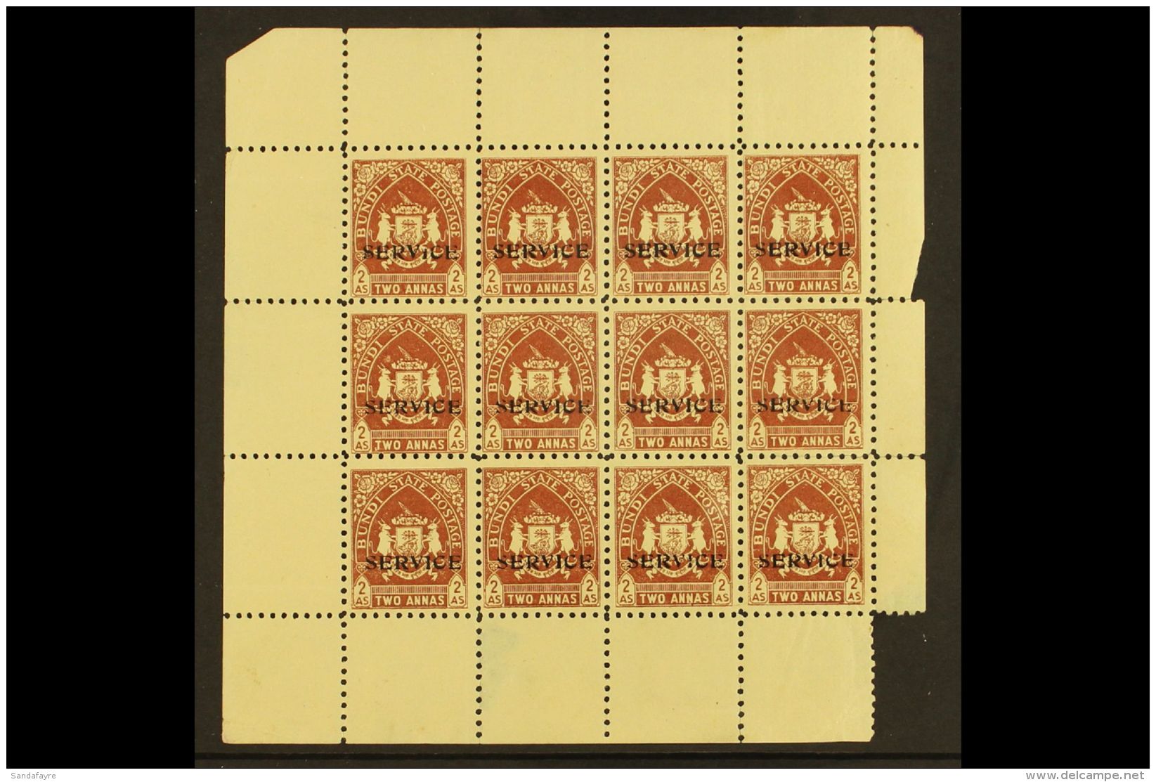 BUNDI  OFFICIALS. 1941 2a Brown, SG O56, COMPLETE SHEET Of 12 With Selvedge To All Sides. Fine Mint, Ungummed... - Sonstige & Ohne Zuordnung