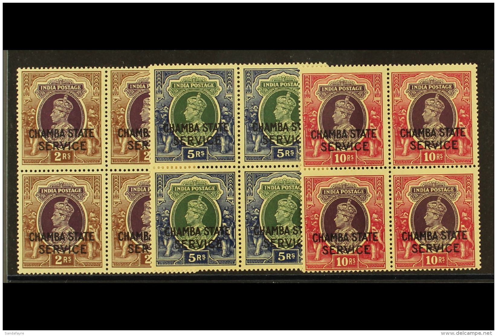 CHAMBA - OFFICIALS  1938 2r, 5r And 10r Geo VI Ovptd Chamba State Service, SG O69/71, In NHM Blocks Of 4. Lightly... - Other & Unclassified