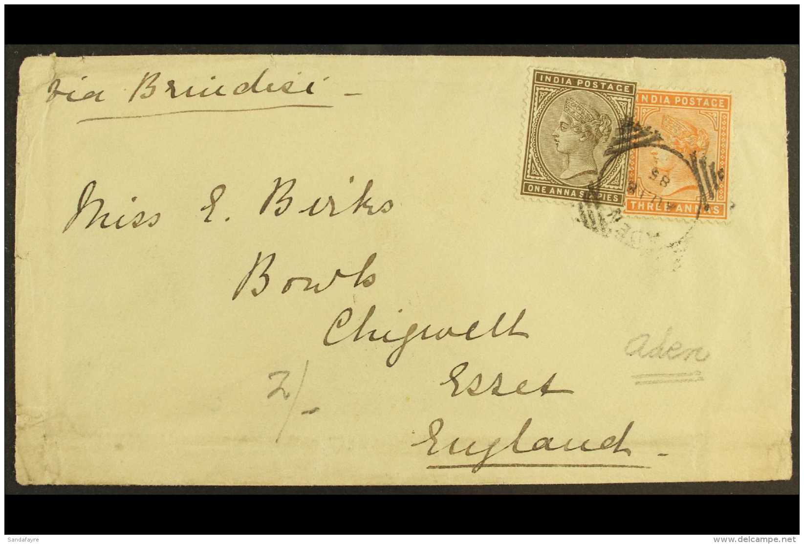 USED IN ADEN  1885 (18th Aug) Envelope To Chigwell Essex Bearing India QV 1a &amp; 3a Stamps Tied By A Pretty... - Other & Unclassified