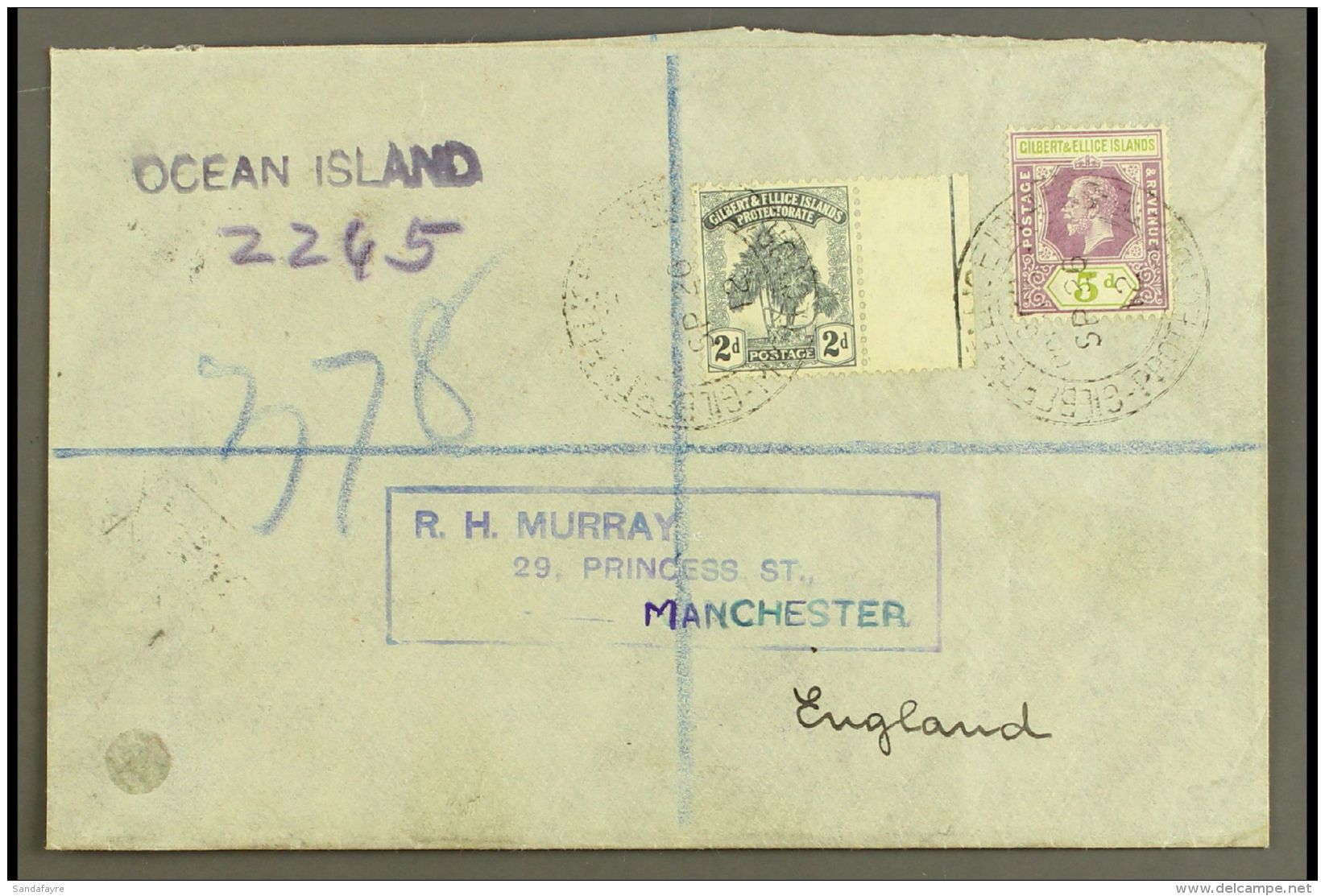 1912  (26 Sep) Registered Cover To England, Bearing 2d Pine &amp; 5d KGV Stamps Tied By "GPO Ocean Island" Cds's,... - Gilbert & Ellice Islands (...-1979)