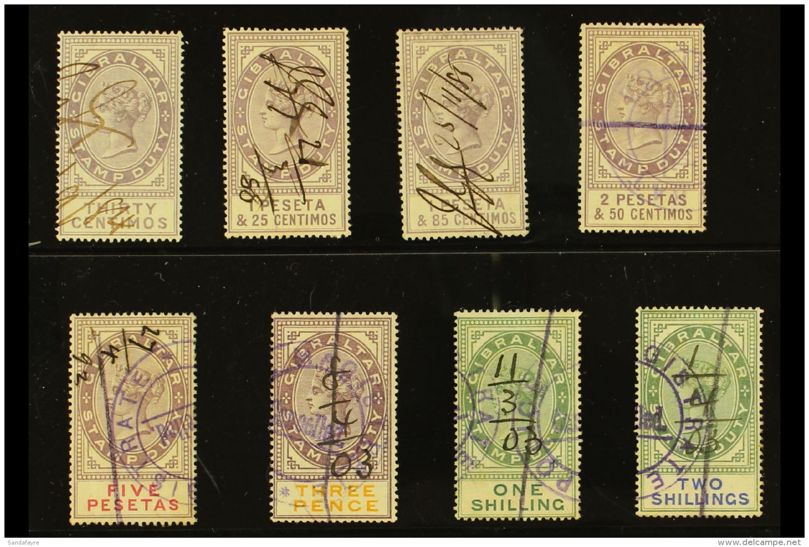 REVENUE STAMPS  STAMP DUTY 1894 30c, 1p25, 1p85, 2p50 And 5p (Barefoot 1/2 &amp; 4/6); Plus 1898 3d, 1s And 2s... - Gibraltar
