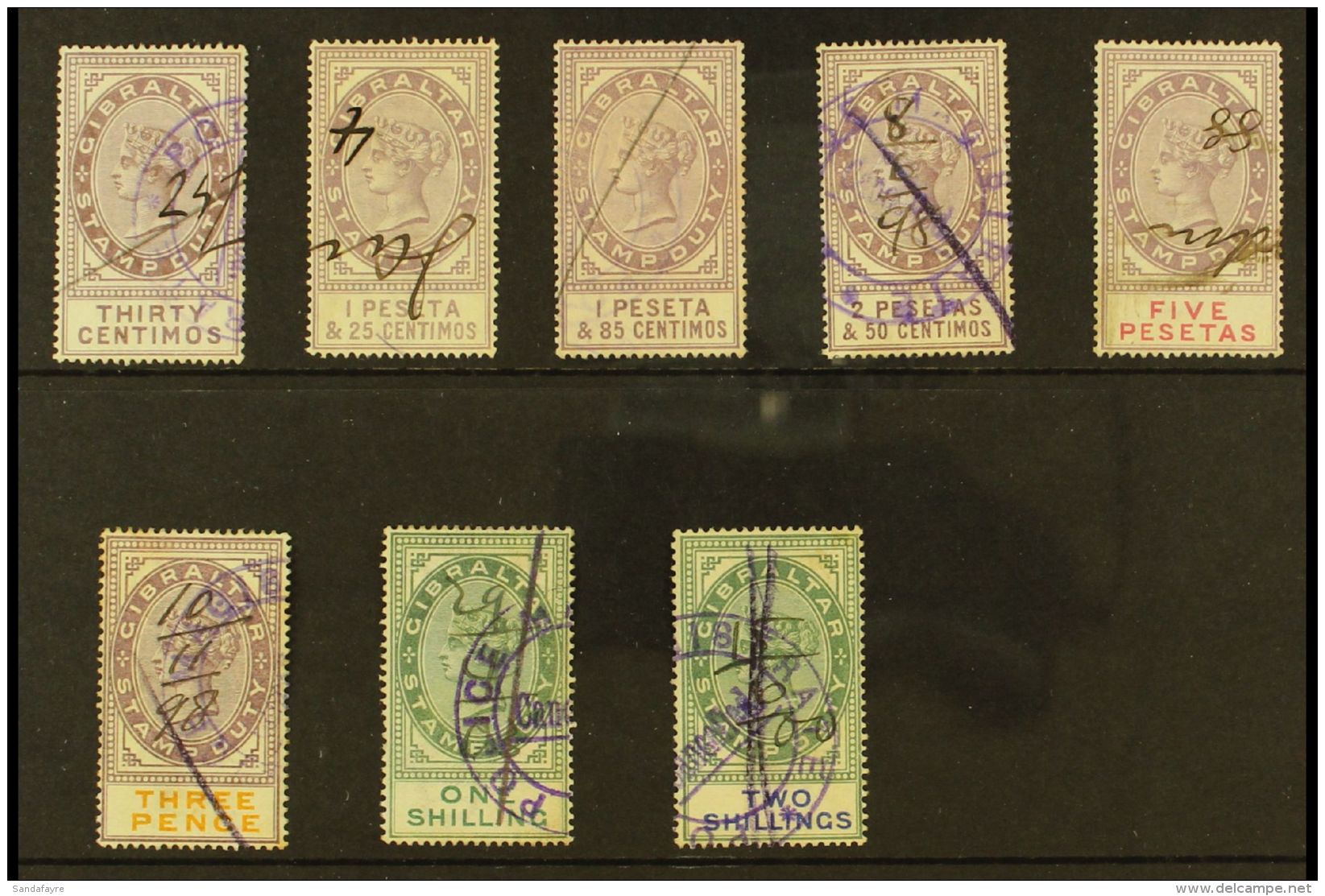 REVENUE STAMPS  STAMP DUTY 1894 30c, 1p25, 1p85, 2p50 And 5p (Barefoot 1/2 &amp; 4/6); Plus 1898 3d, 1s And 2s... - Gibraltar