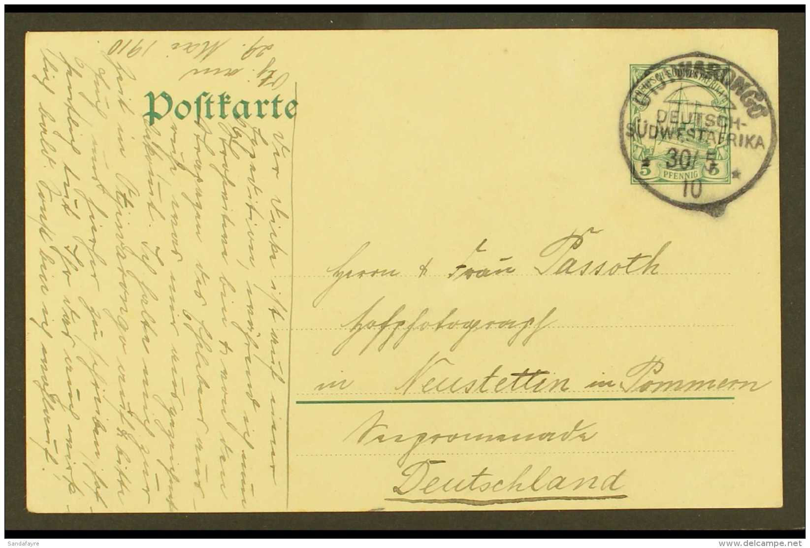 SOUTH WEST AFRICA  1910 (30 May) 5pf Postal Stationery Card Addressed To Germany, Cancelled By "Otjiwarongo" Cds,... - Other & Unclassified