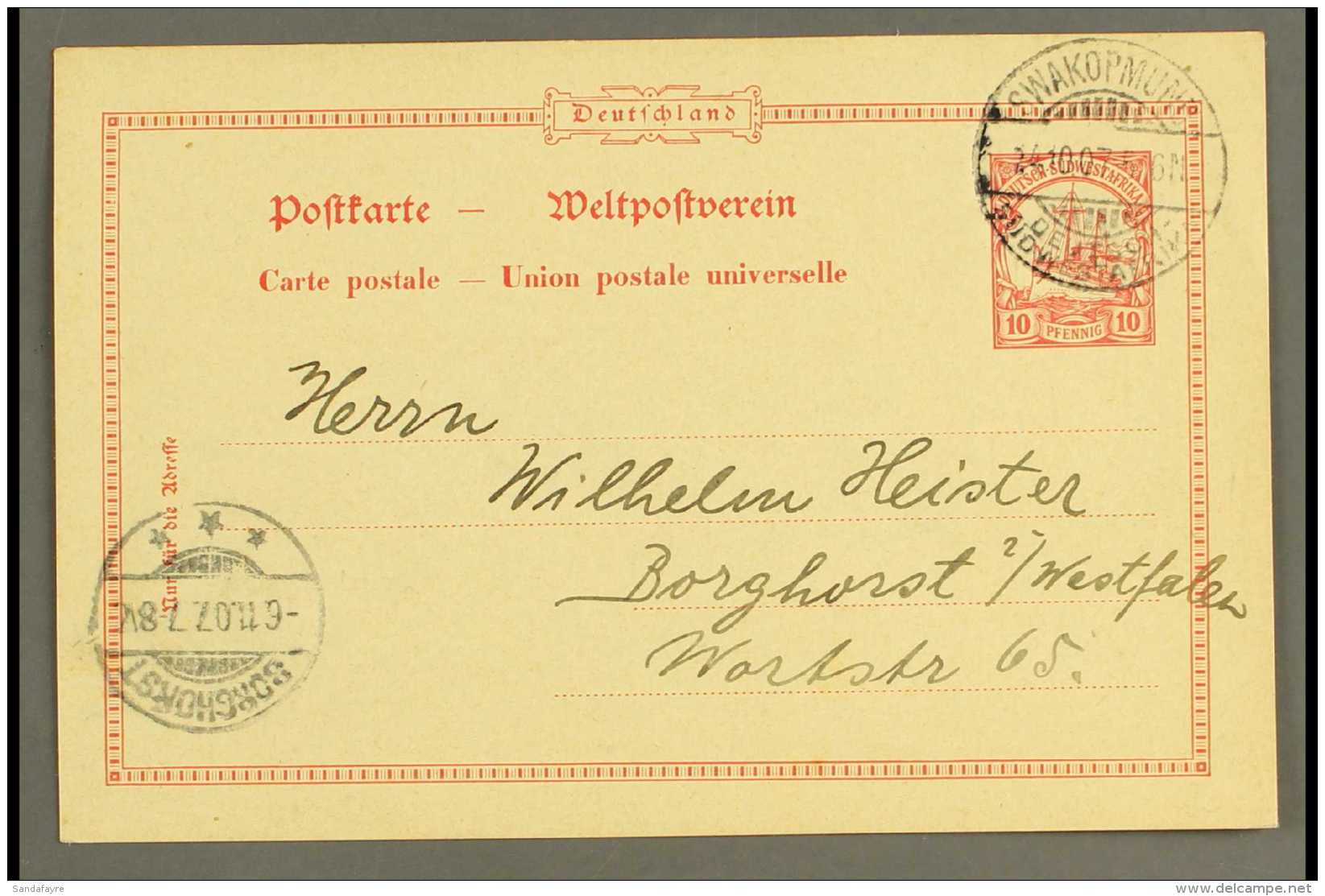 SOUTH WEST AFRICA  1907 (24 Oct) 10pf Postal Card To Germany Showing Very Fine "SWAKOPMUND" Cds Cancel (with... - Other & Unclassified