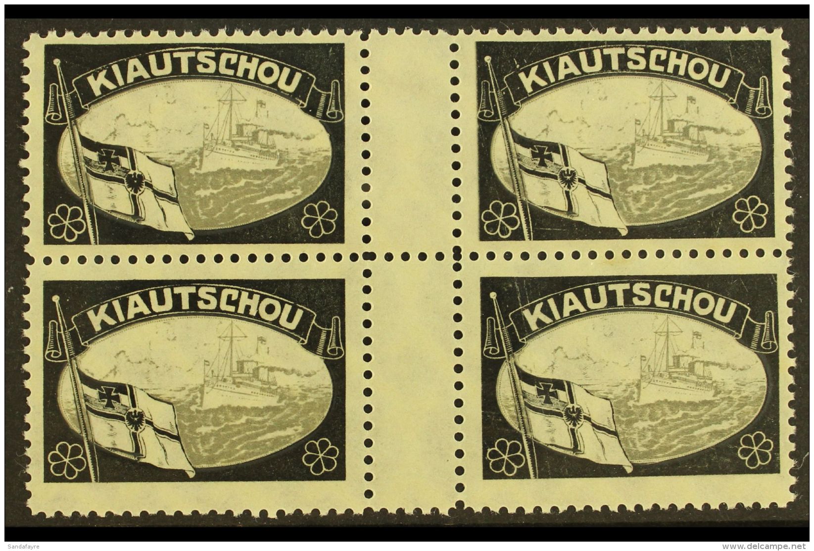 KIAUTSCHOU  1919 'Lost Colony' Mourning Label, Never Hinged Mint GUTTER BLOCK Of 4, Very Fresh &amp; Scarce. (4... - Other & Unclassified