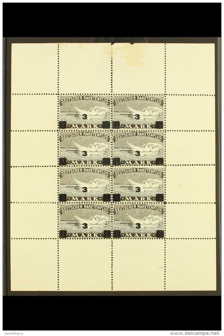 ROCKET MAIL  1933. 3 On 1m Black, Zwizler 3A-3, Complete Sheet Of 8 Stamps With Selvedge To All Four Sides, One... - Other & Unclassified