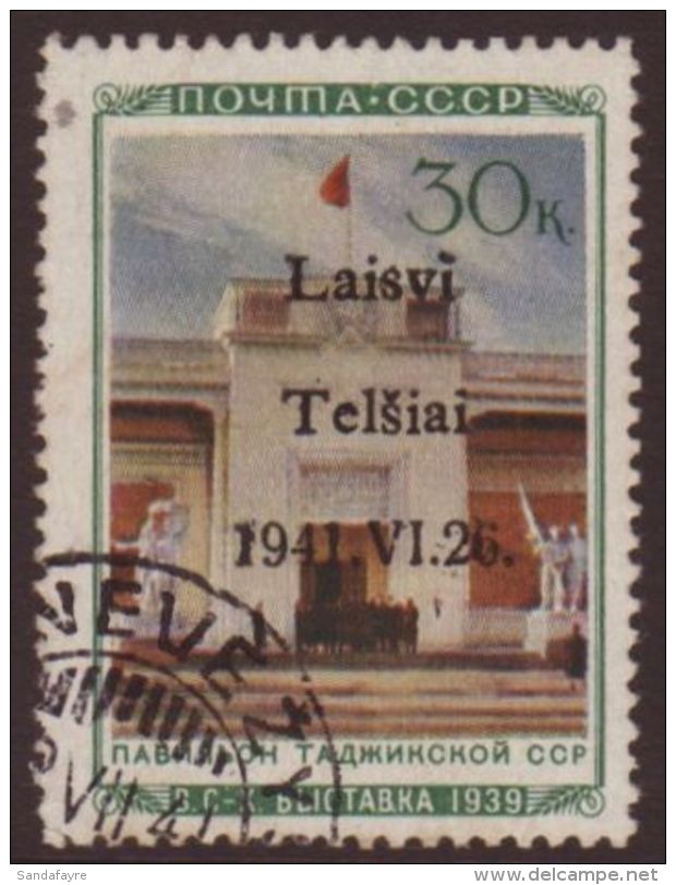 OCCUPATION OF RUSSIA  TELSCHEN - 30k Tadzik Pavillion Ovptd Laisvi/Telsiai/1941.VI.26, Mi 20, Superb Used.... - Other & Unclassified