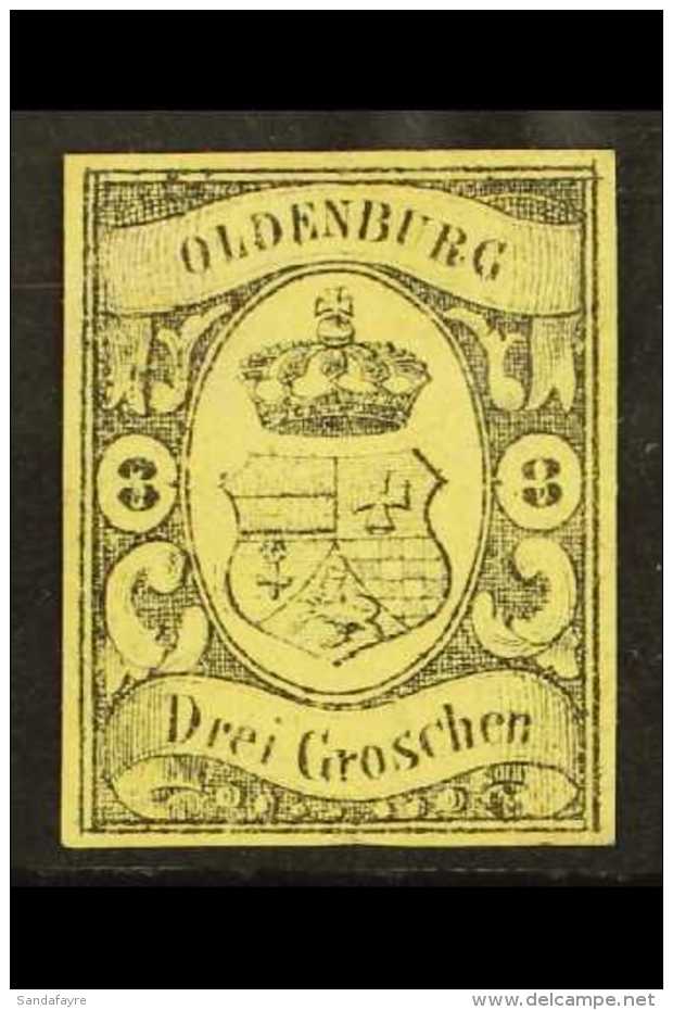 OLDENBURG  1859 3 Gr Black On Yellow, Mi 8, Very Fine And Fresh Mint No Gum. Lovely Stamp With Clear Even Margins... - Sonstige & Ohne Zuordnung