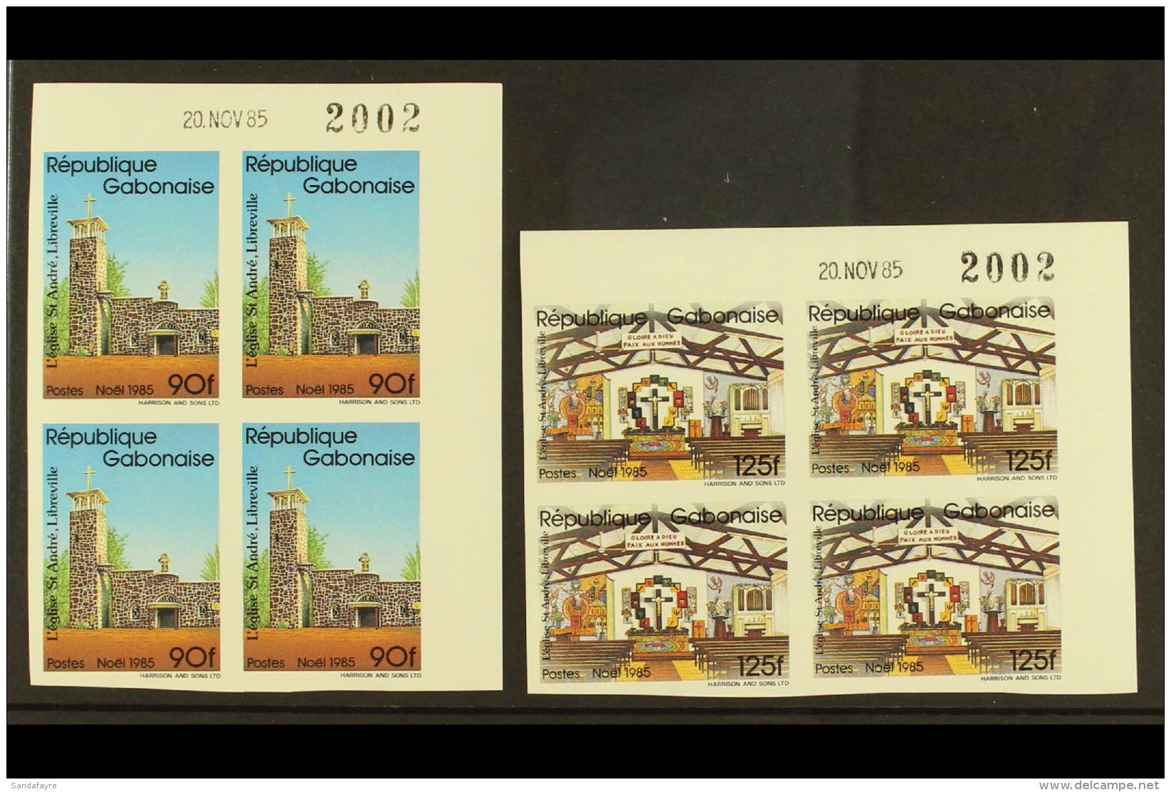 1985  Christmas "Eglise Saint-Andre" Set (Yvert 594A/B, Michel A/B948) IMPERF CORNER DATE BLOCKS OF FOUR, Very... - Other & Unclassified