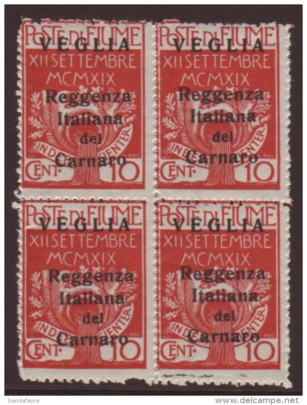 VEGLIA  1920 (28 Nov) Small Letters 10c Carmine, Sass 6, Fine Never Hinged Mint BLOCK OF FOUR. For More Images,... - Fiume