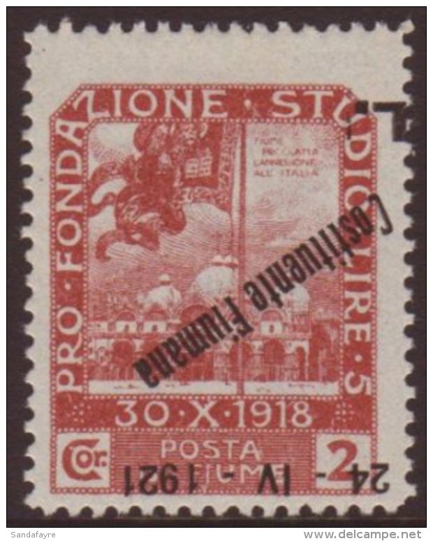 1921  2L On 2cor Red-brown "Constituente Fiumana" INVERTED OVERPRINT Variety, Sassone 172a, Very Fine Mint, Also... - Fiume