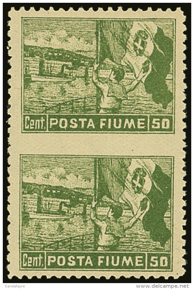 1919  (June) Inscribed "POSTA FIUME" 50c Yellow-green - A Vertical Pair IMPERF BETWEEN, Sass 54e, Very Fine Mint.... - Fiume